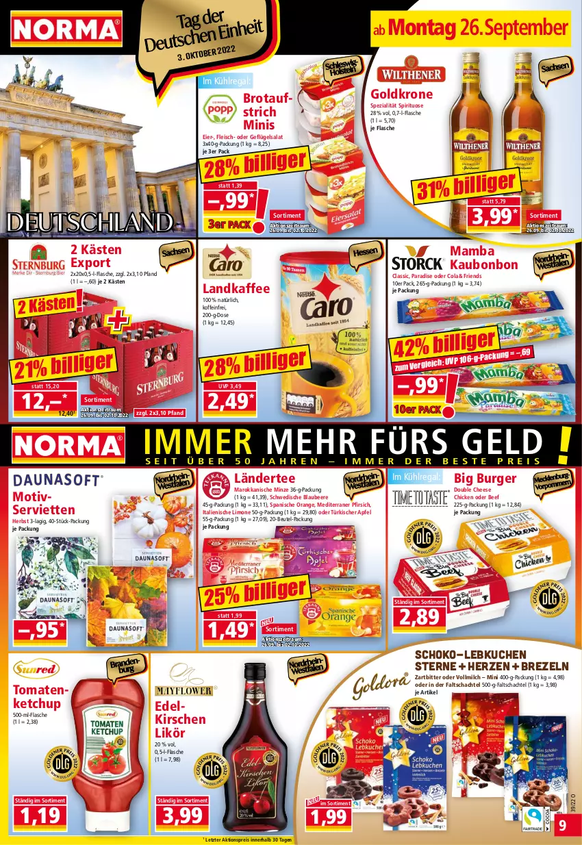 Aktueller Prospekt Norma - Norma - von 26.09 bis 03.10.2022 - strona 9 - produkty: aktionspreis, apfel, aufstrich, beef, beere, beutel, Blaubeer, blaubeere, brezel, Brezeln, brot, brotaufstrich, burger, cola, eier, eis, flasche, fleisch, Geflügel, geflügelsalat, goldkrone, kaffee, ketchup, kirsch, kirsche, kirschen, krone, kuchen, kühlregal, Ländertee, Lebkuchen, likör, limo, mam, milch, minze, ndk, orange, pfirsich, regal, reis, sac, salat, schoko, Serviette, servietten, Spezi, tee, Ti, tomate, tomaten, vollmilch, ZTE