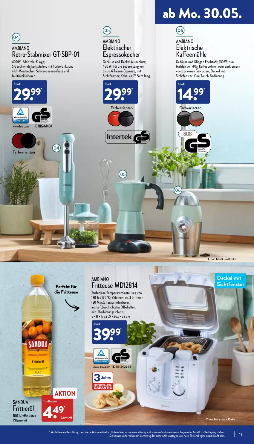 Aktueller Prospekt Aldi Nord - Aldi-Vorschau - von 30.05 bis 04.06.2022 - strona 11 - produkty: ambia, Becher, Behälter, bohne, bohnen, decke, Deckel, edelstahl, espresso, Espressokocher, fenster, flasche, fritteuse, Frittieröl, gewürz, gin, kaffee, kaffeebohnen, Kaffeemühle, Kocher, leine, Messbecher, Mixer, pflanze, pflanzen, Pflanzenöl, Ria, Schneebesen, stabmixer, tasse, Ti, timer, überhitzungsschutz, Zerkleinerer, ZTE