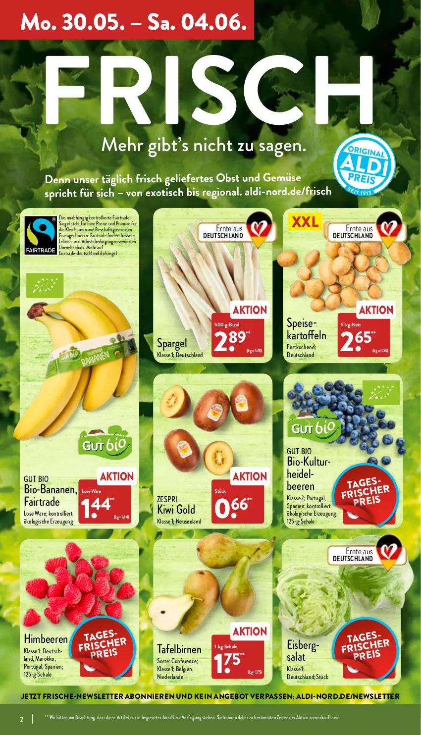 Aktueller Prospekt Aldi Nord - Aldi-Vorschau - von 30.05 bis 04.06.2022 - strona 2 - produkty: aldi, angebot, auer, banane, bananen, Bau, Bauer, beere, beeren, bio, bio-bananen, Birnen, eis, Elan, himbeer, himbeere, himbeeren, kartoffel, kartoffeln, kiwi, Kiwi Gold, LG, reis, salat, Schal, Schale, spargel, tafelbirnen, Ti, trolli, zespri, ZTE