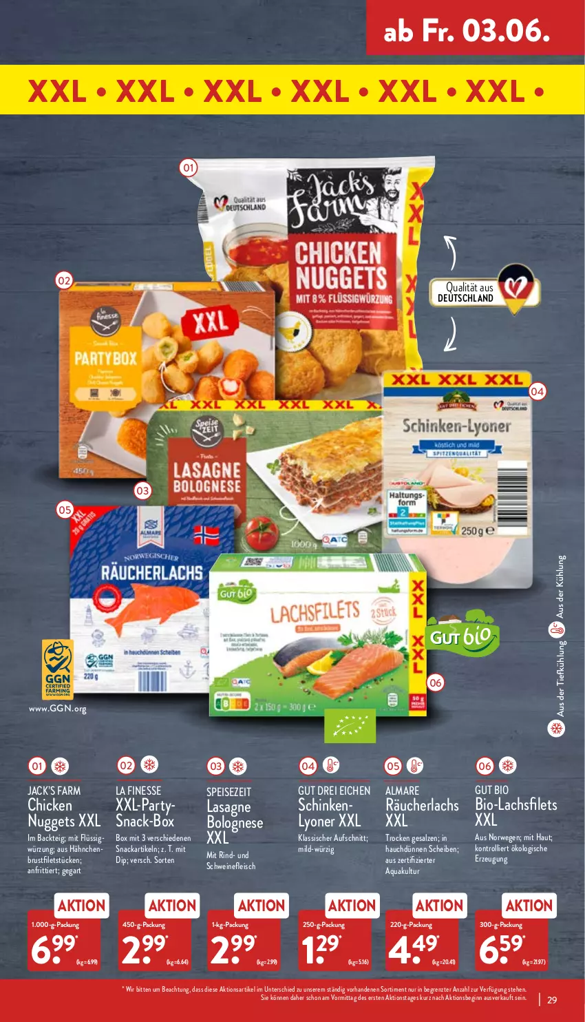 Aktueller Prospekt Aldi Nord - Aldi-Vorschau - von 30.05 bis 04.06.2022 - strona 29 - produkty: almare, aqua, aufschnitt, aus der tiefkühlung, bio, bolognese, brustfilet, dip, eis, filet, filets, finesse, fleisch, gin, lachs, lachsfilet, lachsfilets, lasagne, lyoner, nuggets, Räucherlachs, rind, rwe, salz, schinken, schwein, schweine, schweinefleisch, snack, Ti, trolli, wein, weine, Yo, ZTE