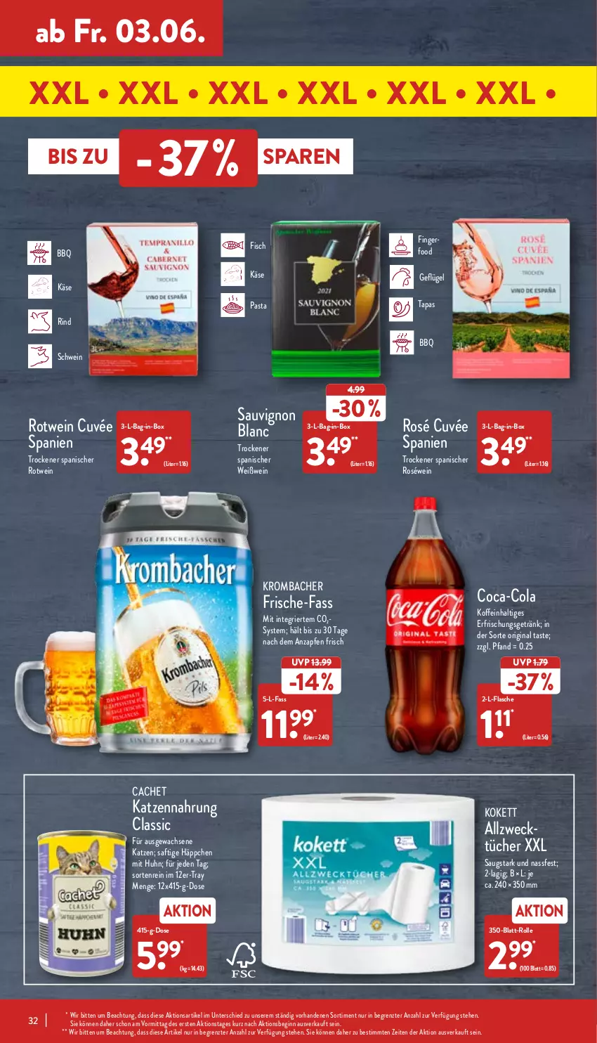 Aktueller Prospekt Aldi Nord - Aldi-Vorschau - von 30.05 bis 04.06.2022 - strona 32 - produkty: bag-in-box, coca-cola, cola, cuvée, erfrischungsgetränk, fisch, flasche, Geflügel, getränk, gin, Käse, katzennahrung, krombache, krombacher, pasta, rind, roséwein, rotwein, saft, sauvignon, sauvignon blanc, schwein, Tapas, Ti, tücher, weck, wein, Weißwein, ZTE