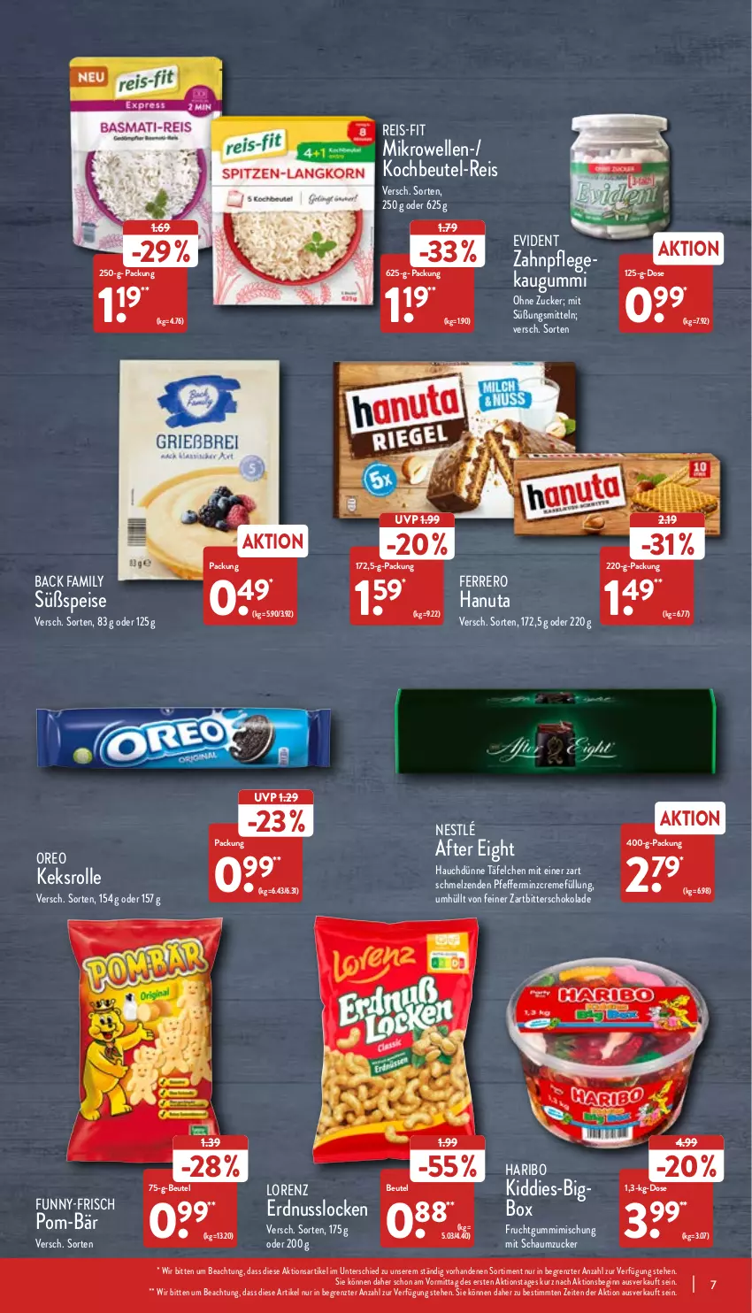 Aktueller Prospekt Aldi Nord - Aldi-Vorschau - von 30.05 bis 04.06.2022 - strona 7 - produkty: after eight, beutel, creme, eis, elle, erdnuss, ferrero, frucht, fruchtgummi, funny-frisch, gin, hanuta, haribo, kaugummi, keks, kochbeutel, lorenz, mikrowelle, nestlé, nuss, oreo, pfeffer, pom-bär, reis, reis-fit, Schaumzucker, schoko, schokolade, Ti, Zartbitterschokolade, ZTE, zucker