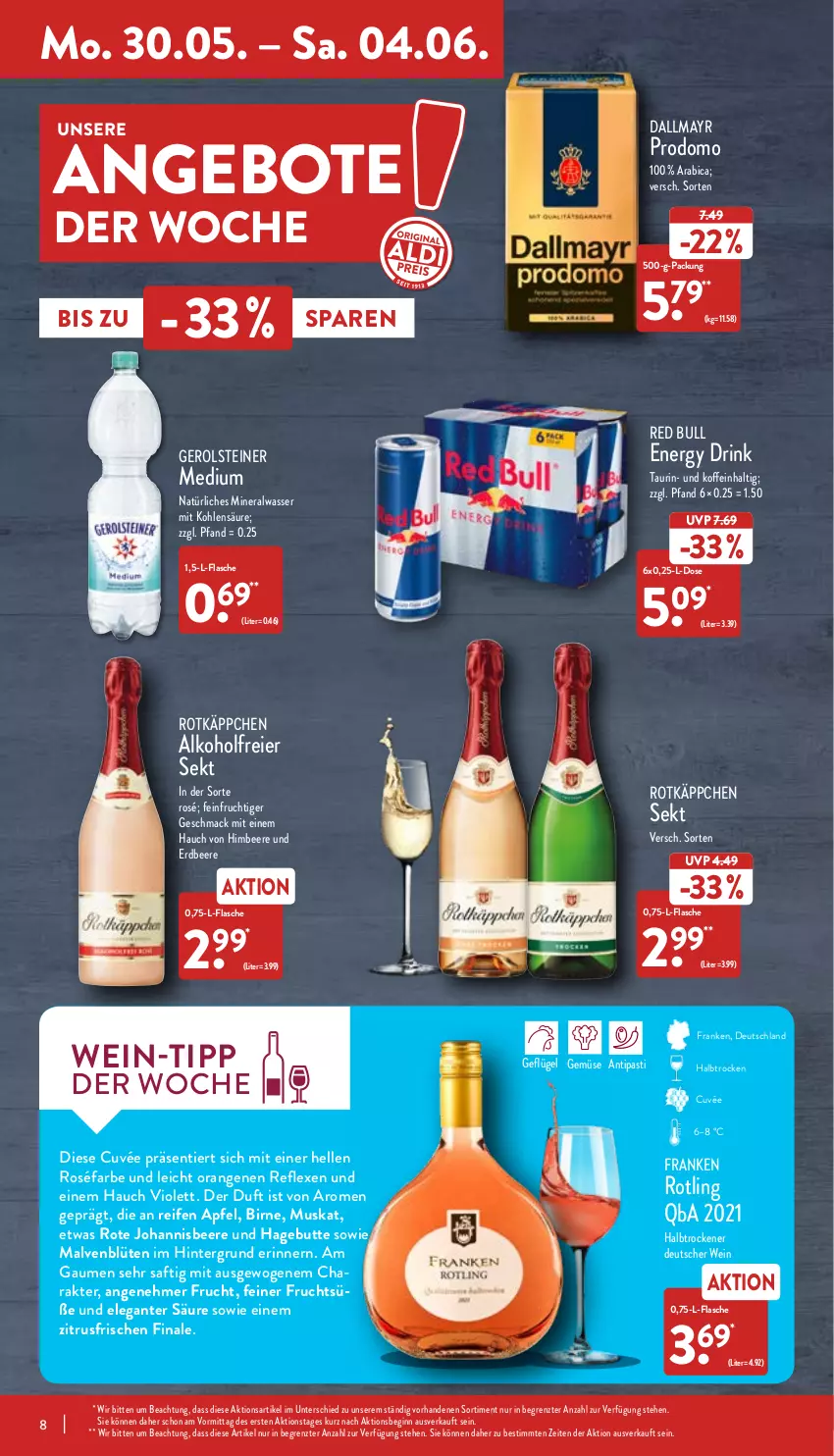 Aktueller Prospekt Aldi Nord - Aldi-Vorschau - von 30.05 bis 04.06.2022 - strona 8 - produkty: alkohol, Alwa, angebot, angebote, apfel, asti, beere, Blüte, cuvée, dallmayr, drink, eier, elle, energy drink, erdbeere, flasche, frucht, Geflügel, gerolsteine, gerolsteiner, gin, himbeer, himbeere, johannisbeere, mac, mineralwasser, natürliches mineralwasser, orange, orangen, prodomo, red bull, reifen, rotkäppchen, saft, sekt, steiner, Ti, wasser, wein, ZTE