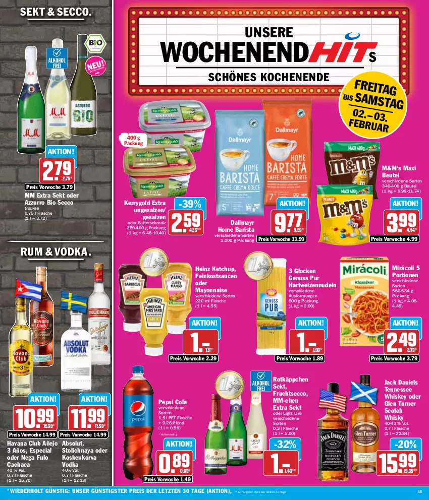 Aktueller Prospekt Hit - Wochenprospekt - von 29.01 bis 03.02.2024 - strona 15 - produkty: beutel, bio, butter, Butterschmalz, Cachaca, cola, dallmayr, ecco, eis, feinkost, flasche, frucht, fruchtsecco, hartweizen, Havana Club, heinz, jack daniel, jack daniels, kerrygold, kerrygold extra, ketchup, malz, mayonnaise, Mirácoli, mm extra, nudel, nudeln, nuss, pepsi, Pepsi Cola, reis, rotkäppchen, rum, salz, sauce, saucen, Schmalz, scotch, scotch whisky, sekt, tennessee whiskey, Ti, vodka, whiskey, whisky, Yo, ZTE