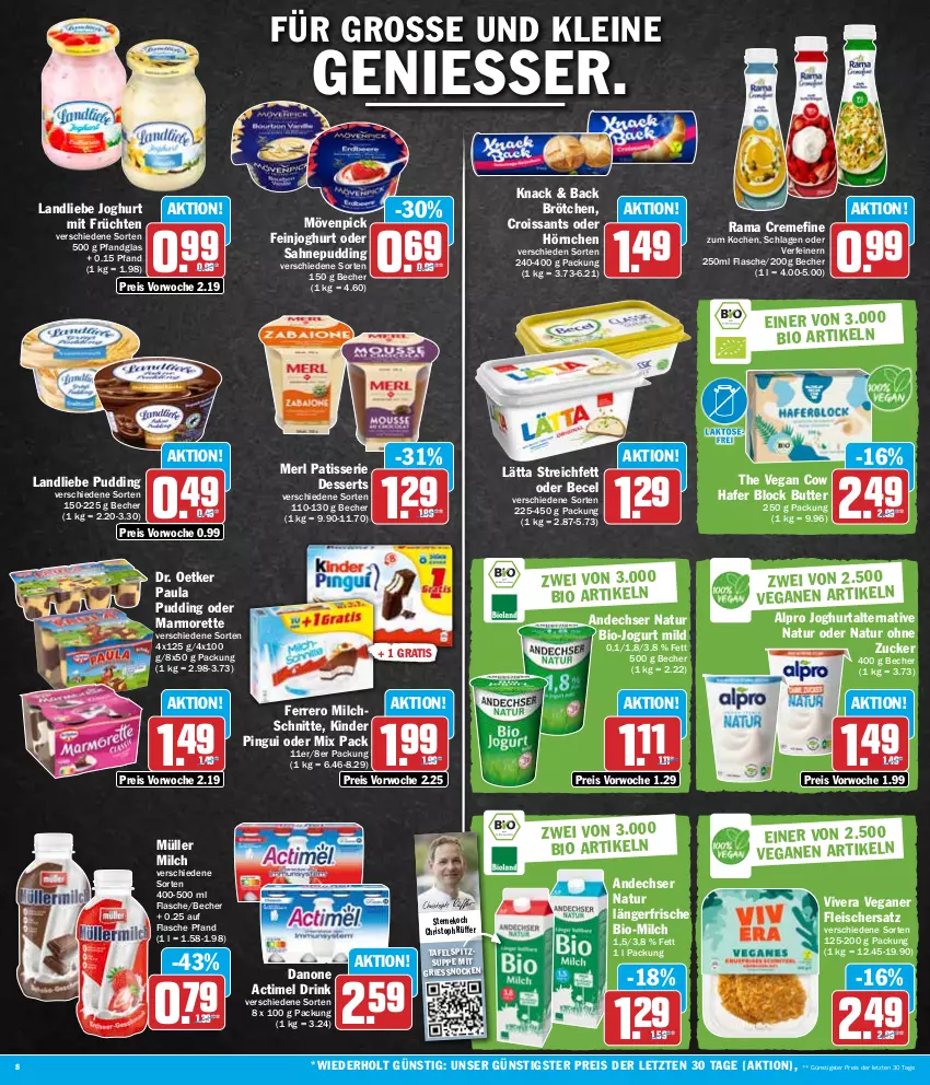 Aktueller Prospekt Hit - Wochenprospekt - von 29.01 bis 03.02.2024 - strona 8 - produkty: actimel, actimel drink, alpro, andechser natur, becel, Becher, bio, brötchen, butter, creme, Croissant, croissants, danone, danone actimel drink, dessert, desserts, Dr. Oetker, drink, eis, feinjoghurt, ferrero, flasche, fleisch, früchte, früchten, hafer, hörnchen, joghur, joghurt, jogurt, Kinder, kinder pingui, landliebe, landliebe joghurt, lätta, leine, marmorette, merl, milch, Milchschnitte, mövenpick, Müller, natur, Paula, paula pudding, pingui, pudding, rama, rama cremefine, reis, sahne, suppe, tafelspitz, Ti, ZTE, zucker