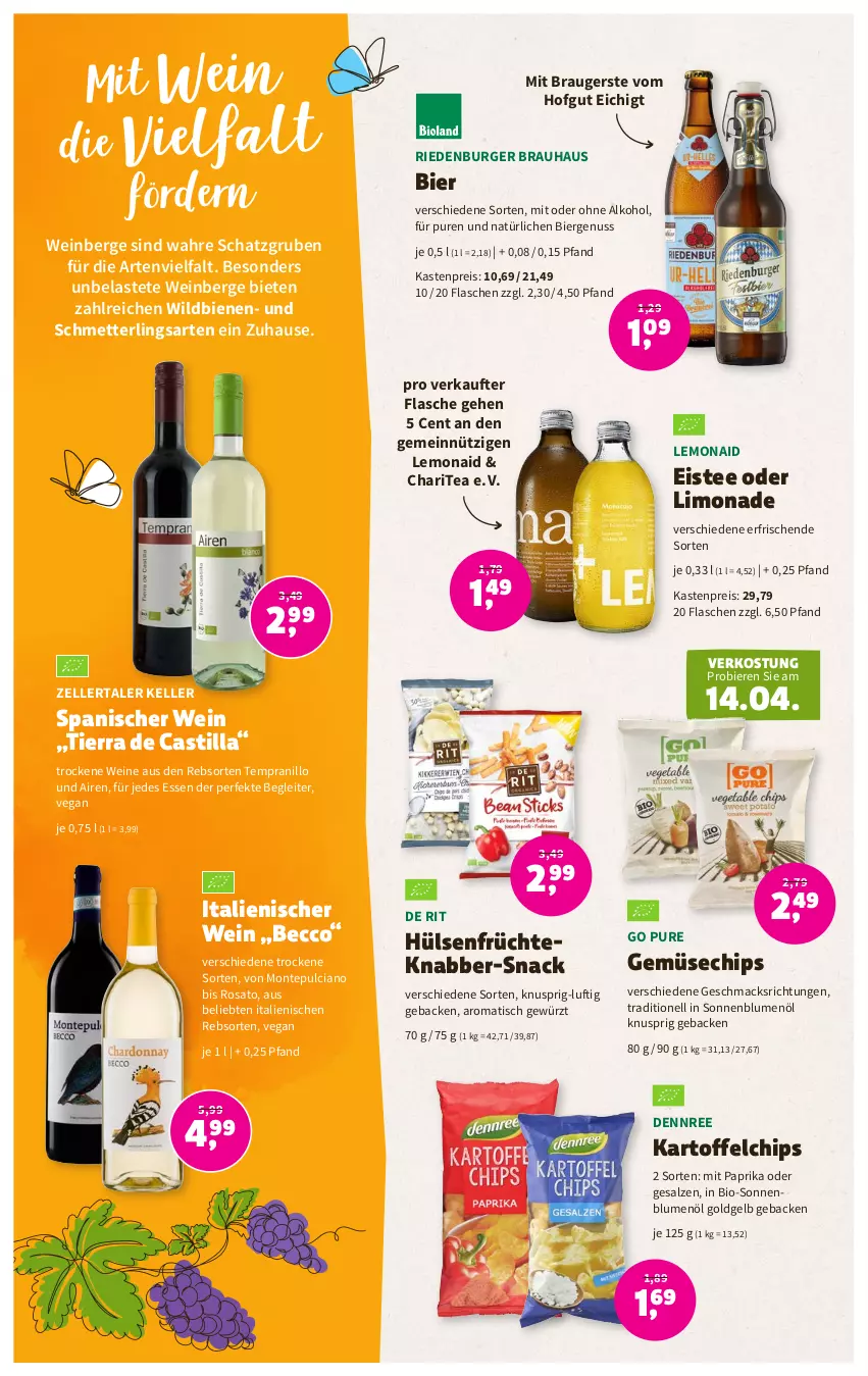 Aktueller Prospekt Denns Biomarkt - Prospekte - von 12.04 bis 25.04.2023 - strona 10 - produkty: alkohol, asti, bier, Biere, bio, blume, blumen, blumenöl, burger, chips, dennree, ecco, eis, eistee, elle, flasche, früchte, geback, gewürz, hofgut, hülsenfrüchte, kartoffel, kartoffelchips, limo, limonade, mac, Mett, mit paprika, monte, Montepulciano, nuss, ohne alkohol, paprika, reis, rosato, salz, Schmetterling, senf, snack, sonnenblume, sonnenblumen, sonnenblumenöl, tee, tempranillo, Ti, tisch, wein, weine, Wild