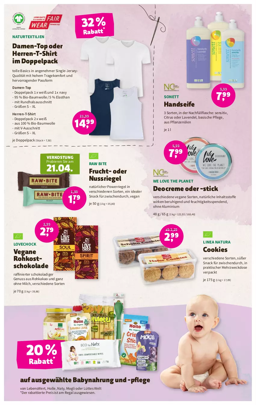 Aktueller Prospekt Denns Biomarkt - Prospekte - von 12.04 bis 25.04.2023 - strona 11 - produkty: Babynahrung, Bau, baumwolle, bier, Biere, bio, bio-baumwolle, citrus, cookie, cookies, creme, damen-top, deo, Deocreme, eis, flasche, frucht, Handseife, herren-t-shirt, kakao, lavendel, linea natura, milch, natur, natura, nuss, nussriegel, pflanze, pflanzen, Pflanzenöl, regal, reis, riegel, schoko, schokolade, Seife, shirt, snack, T-Shirt, Ti, tisch, weck, wolle