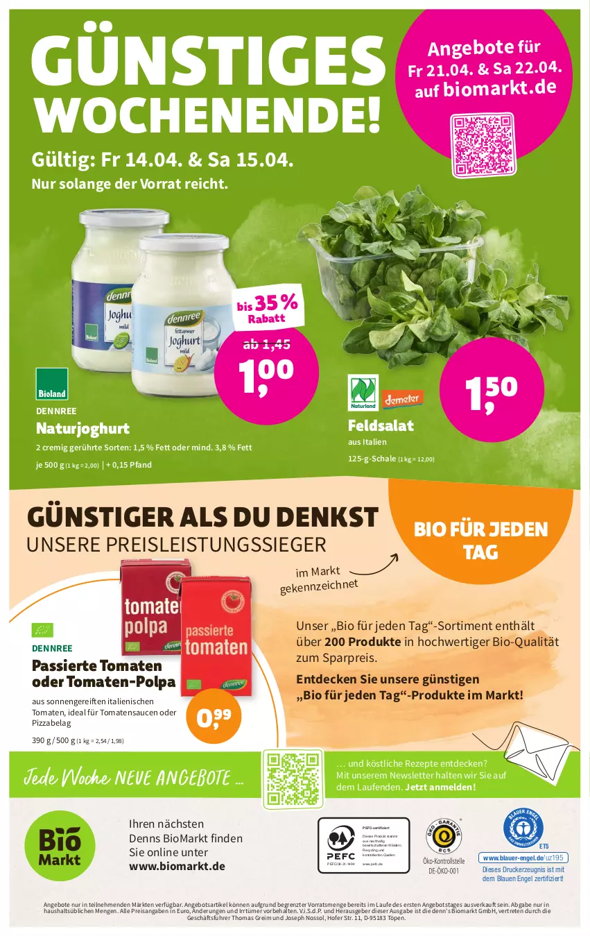 Aktueller Prospekt Denns Biomarkt - Prospekte - von 12.04 bis 25.04.2023 - strona 12 - produkty: angebot, angebote, auer, bio, Clin, decke, dennree, drucker, eis, elle, Engel, feldsalat, joghur, joghurt, kerze, Laufen, natur, naturjoghurt, pizza, reis, rezept, rezepte, salat, sauce, saucen, Schal, Schale, Ti, tomate, tomaten, tomatensauce, trolli, ZTE