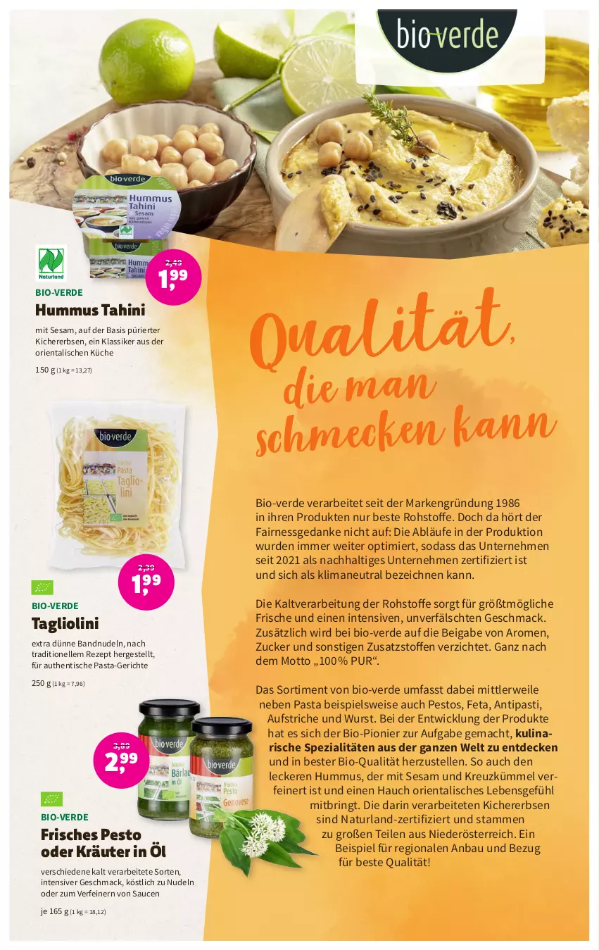 Aktueller Prospekt Denns Biomarkt - Prospekte - von 12.04 bis 25.04.2023 - strona 6 - produkty: antipasti, asti, aufstrich, Bau, bio, decke, eis, elle, erbsen, erde, feta, hummus, kichererbsen, kräuter, küche, mac, natur, naturland, nudel, nudeln, oder kräuter, pasta, pesto, rezept, ring, rwe, sauce, saucen, sesam, Soda, Spezi, Tagliolini, Ti, tisch, WICK, wurst, zucker