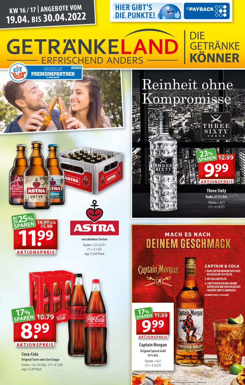 Aktueller Prospekt Getraenkeland - von 19.04 bis 30.04.2022 - strona 1 - produkty: bett, Cap, captain morgan, coca-cola, cola, drink, eis, elle, flasche, getränk, getränke, gin, LG, mac, Mett, original spiced gold, tee, Three Sixty, vodka