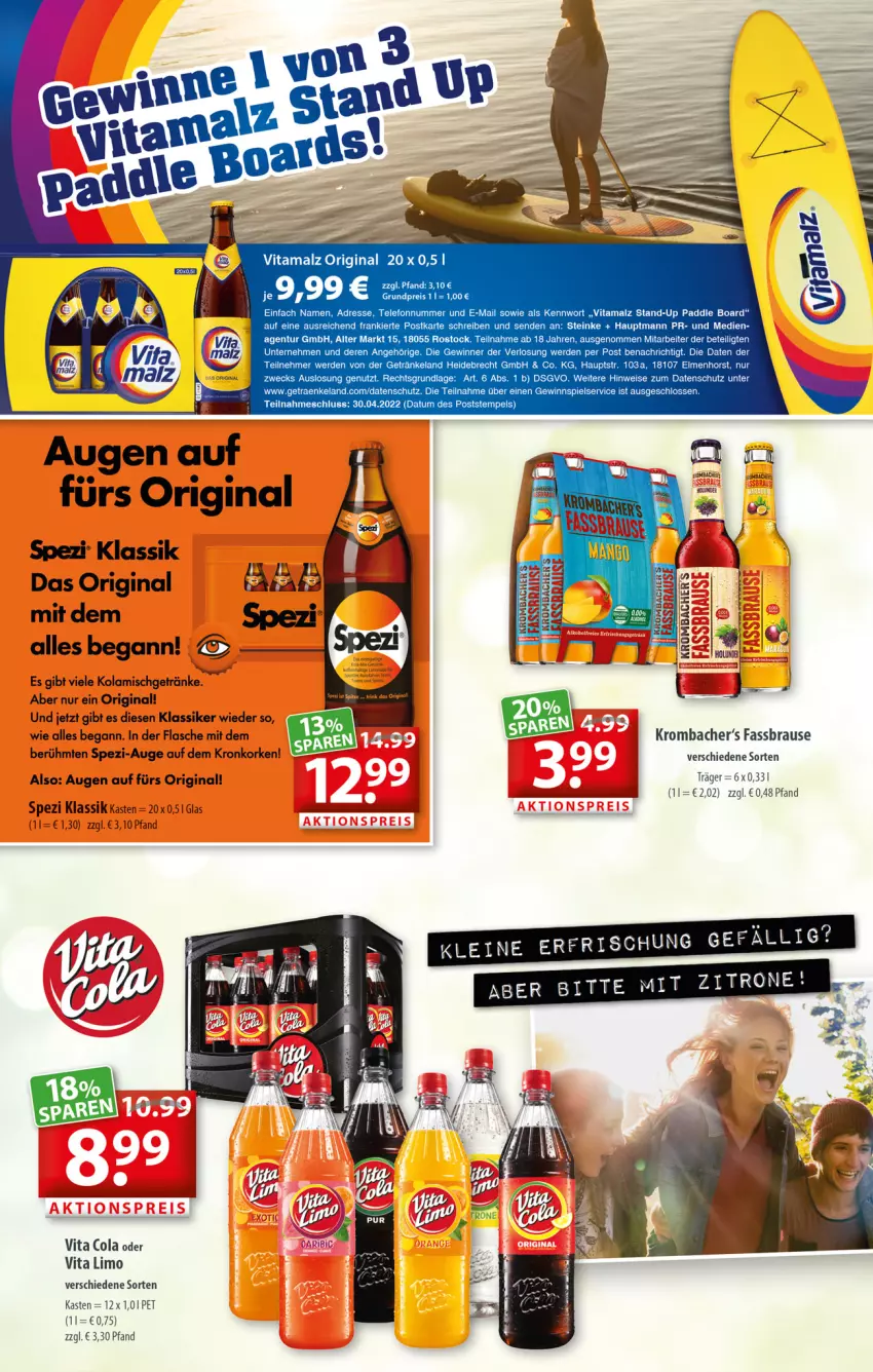 Aktueller Prospekt Getraenkeland - von 19.04 bis 30.04.2022 - strona 5 - produkty: brause, cola, eis, Elan, erde, fassbrause, flasche, getränk, getränke, gewinnspiel, gin, krombache, krombacher, limo, malz, reis, Spezi, telefon, Ti, vita, Vita C, vitamalz, weck