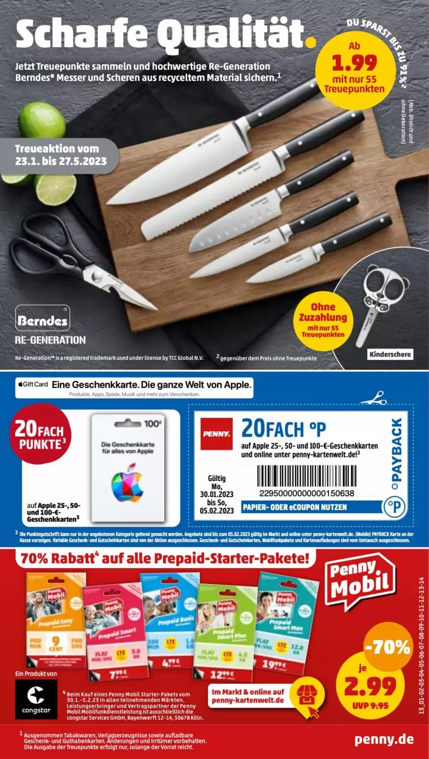 Aktueller Prospekt Penny - Prospekte - von 30.01 bis 04.02.2023 - strona 13 - produkty: Apple, berndes, congstar, coupon, eier, eis, ente, guthabenkarte, Kinder, LG, messer, papier, reis, Ria, ring, Schere, soya, Spiele, tee, Ti, Yo