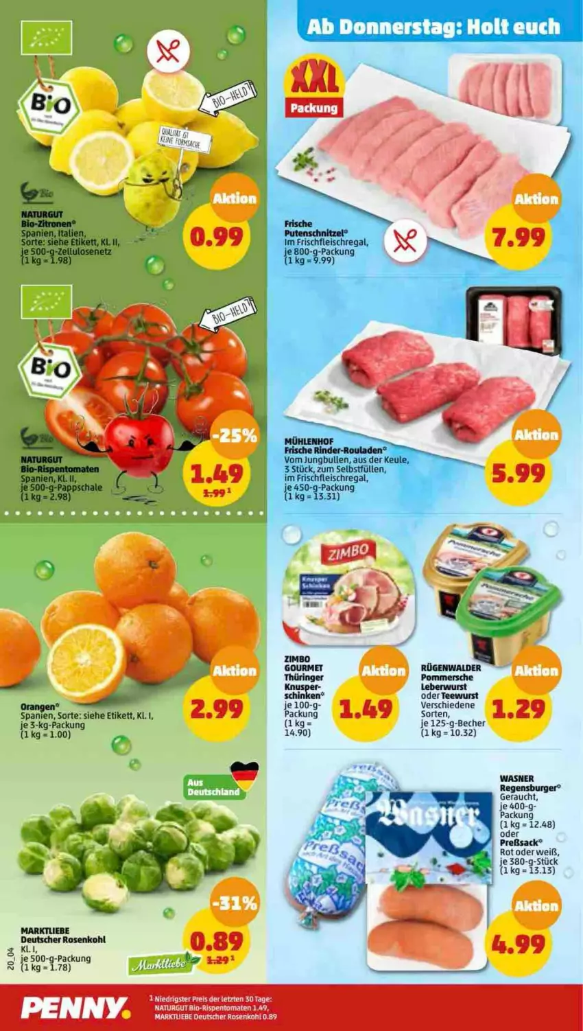 Aktueller Prospekt Penny - Prospekte - von 30.01 bis 04.02.2023 - strona 20 - produkty: Becher, bio, burger, eis, fleisch, jungbullen, leberwurst, natur, Pommersche, pute, putenschnitzel, Rauch, regal, regensburger, reis, ring, rispentomaten, rosen, Rosenkohl, sac, schinken, schnitzel, tee, teewurst, Ti, tomate, tomaten, wurst, zimbo, ZTE