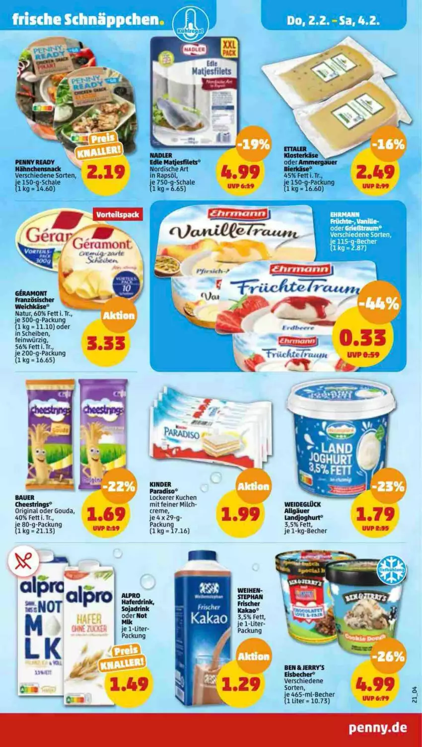 Aktueller Prospekt Penny - Prospekte - von 30.01 bis 04.02.2023 - strona 21 - produkty: auer, Bau, Bauer, Becher, creme, eis, eisbecher, filet, filets, gin, gouda, kakao, Kinder, kuchen, matjes, Matjesfilet, matjesfilets, milch, natur, rapsöl, ring, Schal, Schale, String, Ti