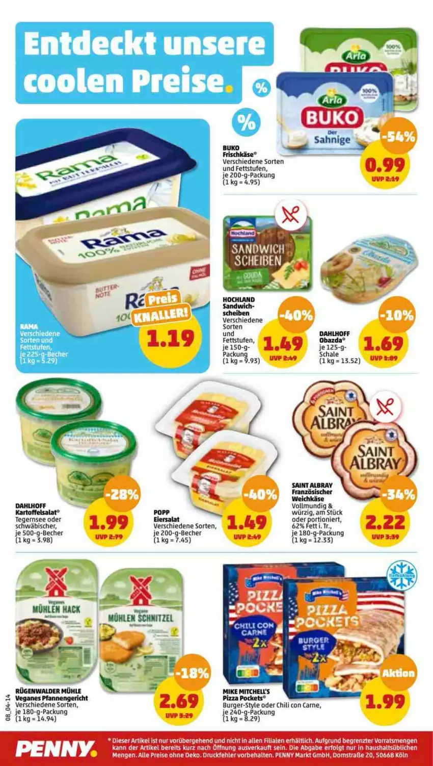 Aktueller Prospekt Penny - Prospekte - von 30.01 bis 04.02.2023 - strona 8 - produkty: albray, Becher, Buko, burger, chili, eier, eiersalat, frischkäse, kartoffel, kartoffelsalat, Käse, obazda, pfanne, pfannen, pizza, Popp, rügenwalder, rügenwalder mühle, saint albray, salat, sandwich, Schal, Schale, Ti, weichkäse