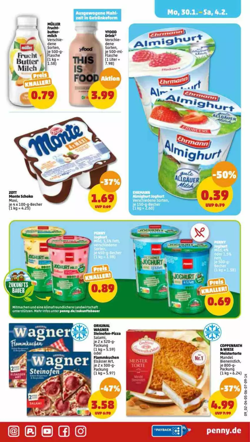 Aktueller Prospekt Penny - Prospekte - von 30.01 bis 04.02.2023 - strona 9 - produkty: Becher, butter, coppenrath, eis, flammkuchen, flasche, frucht, gin, kuchen, lamm, mac, mandel, Meister, milch, monte, Müller, Ofen, original wagner, pizza, salami, schoko, steinofen, tee, Ti, torte, wagner, zott