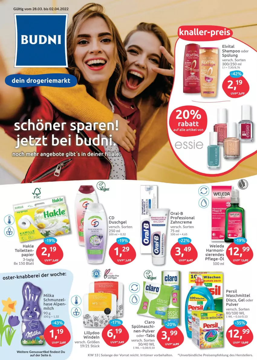 Aktueller Prospekt Budni - Prospekte - von 28.03 bis 02.04.2022 - strona 1 - produkty: creme, dusche, eis, elle, elvital, hakle, milch, milka, nuss, oral-b, papier, persil, persil waschmittel, reis, shampoo, spülung, teller, Ti, vita, waschmittel, weleda, windeln