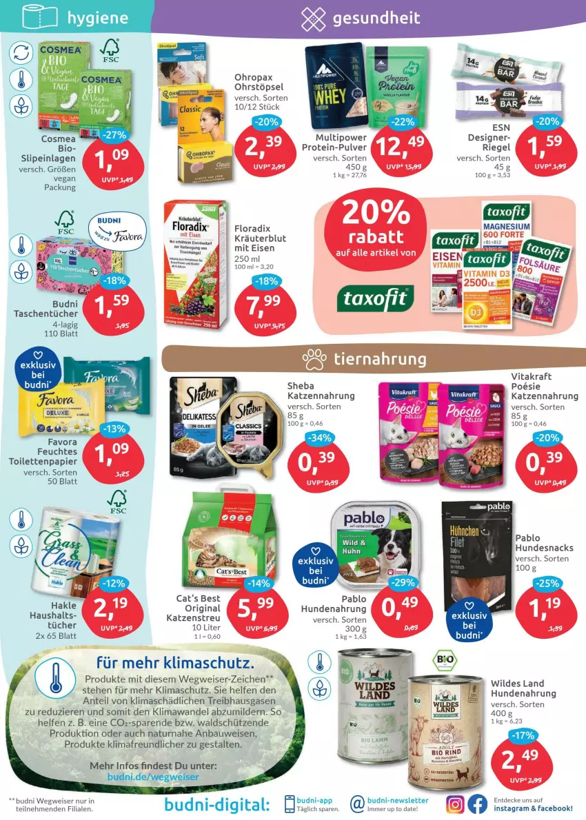 Aktueller Prospekt Budni - Prospekte - von 28.03 bis 02.04.2022 - strona 5 - produkty: Bau, bio, cosmea, decke, eis, feuchtes toilettenpapier, Floradix, gin, hakle, hundenahrung, hundesnack, hundesnacks, Kamill, kamille, katzennahrung, Katzenstreu, kraft, Kraut, kräuter, lachs, magnesium, natur, papier, Pax, riegel, rind, Schütze, sheba, slip, slipeinlagen, snack, snacks, tablet, tablett, Tablette, Tasche, taschen, taschentücher, Taxofit, Ti, toilettenpapier, tücher, vita, vitakraft, Wild