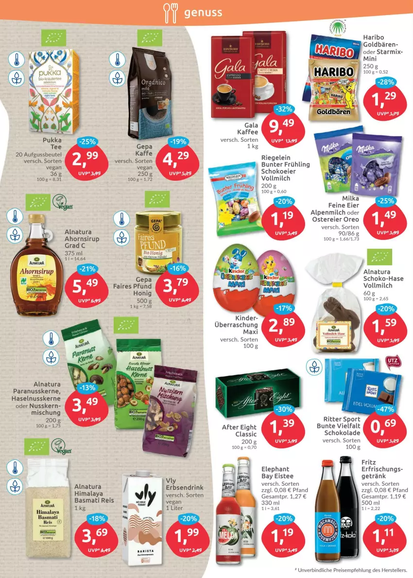 Aktueller Prospekt Budni - Prospekte - von 28.03 bis 02.04.2022 - strona 6 - produkty: after eight, alpenmilch, basmati, Basmati Reis, beutel, bio, drink, eier, eis, eistee, elle, erbsen, fritz, getränk, goldbären, haribo, haselnuss, honig, kaffee, Kinder, milch, natur, natura, nuss, oreo, Paranusskerne, reis, riegel, ritter, ritter sport, schoko, schokolade, sirup, Sport, tee, teller, Ti, vollmilch