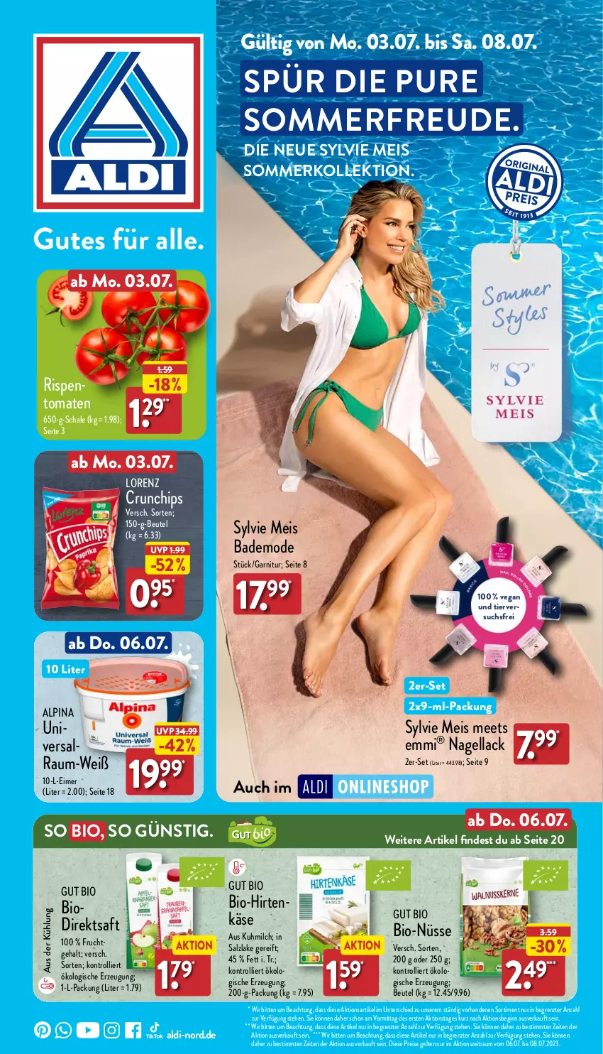 Aktueller Prospekt Aldi Nord - ALDI Vorschau - von 03.07 bis 08.07.2023 - strona 1 - produkty: aldi, alpina, Bad, beutel, bio, chips, crunchips, direktsaft, eimer, eis, emmi, frucht, garnitur, gin, hirtenkäse, Käse, lack, lorenz, lorenz crunchips, milch, Mode, Nagellack, reis, saft, salz, Schal, Schale, Ti, tomate, tomaten, trolli, ZTE