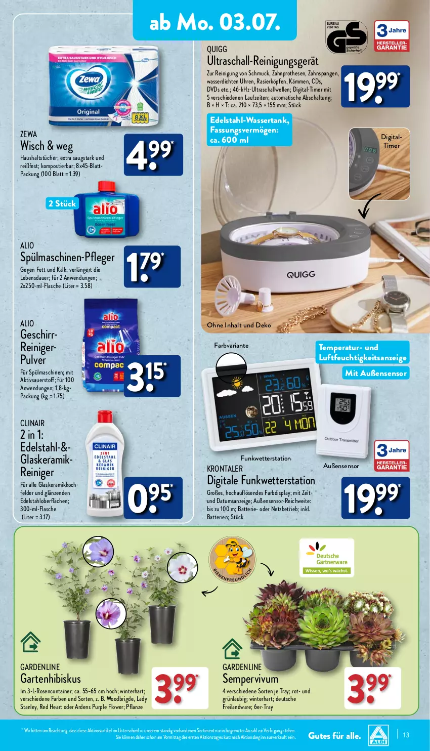 Aktueller Prospekt Aldi Nord - ALDI Vorschau - von 03.07 bis 08.07.2023 - strona 13 - produkty: auer, auto, batterie, batterien, Blüte, Brei, Clin, Container, dvd, edelstahl, elle, flasche, Garten, geschirr, gin, glaskeramik, haushaltstücher, pflanze, quigg, reiniger, Reinigung, Ria, rosen, Schal, Schmuck, Sempervivum, spülmaschinen, Stier, Ti, timer, tisch, tücher, uhr, wasser, wassertank, Wetterstation, zewa, ZTE