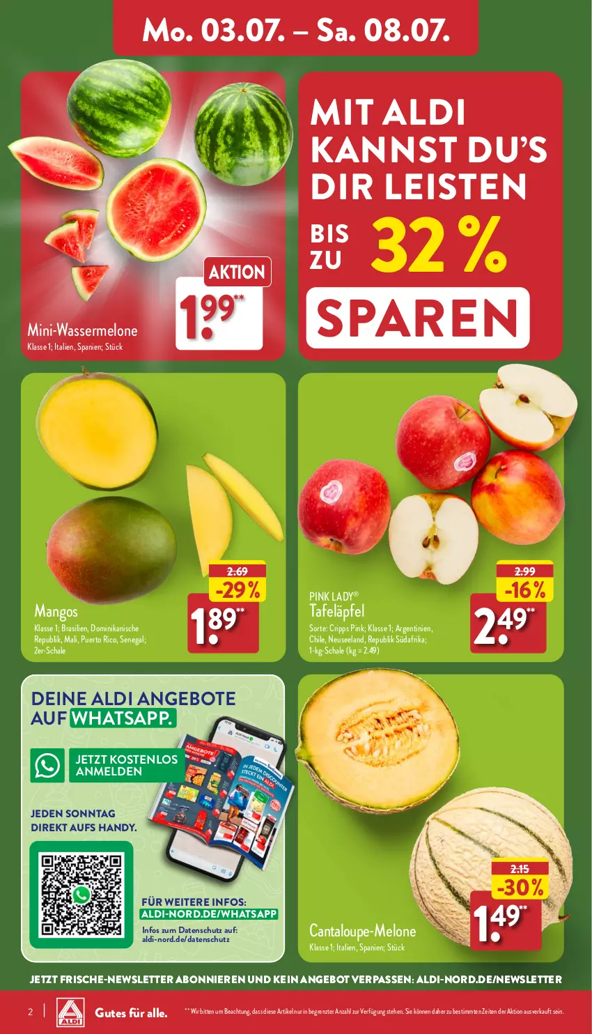 Aktueller Prospekt Aldi Nord - ALDI Vorschau - von 03.07 bis 08.07.2023 - strona 2 - produkty: aldi, angebot, angebote, eis, Elan, Handy, mango, mangos, melone, Pink Lady, Schal, Schale, tafeläpfel, Ti, wasser, ZTE