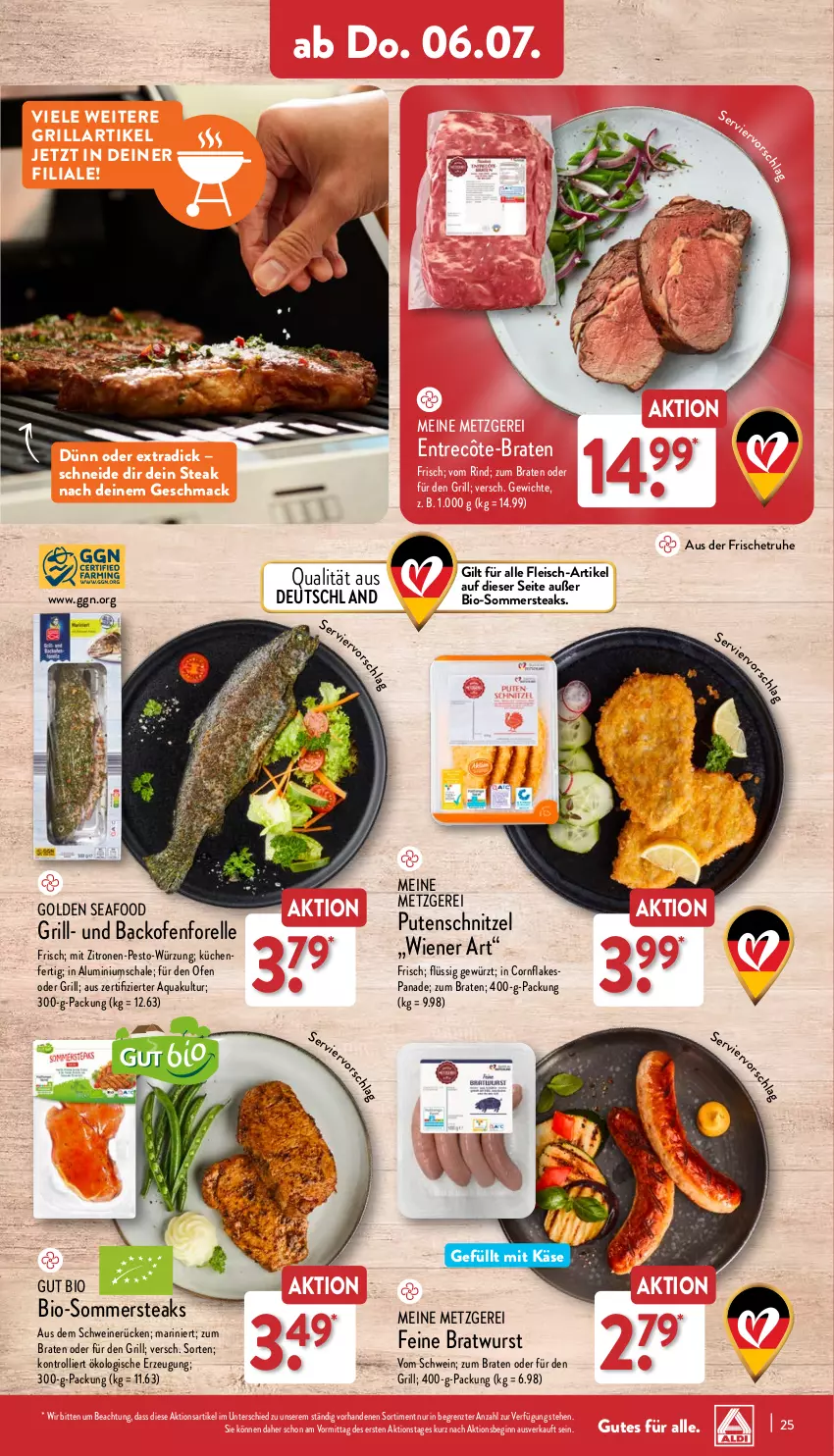 Aktueller Prospekt Aldi Nord - ALDI Vorschau - von 03.07 bis 08.07.2023 - strona 25 - produkty: aqua, backofen, bio, braten, bratwurst, eis, elle, entrecôte, flakes, fleisch, forelle, gewürz, gin, grill, Käse, küche, Küchen, mac, Ofen, pesto, pute, putenschnitzel, rel, rind, Schal, Schale, schnitzel, schwein, schweine, schweinerücken, steak, steaks, Ti, trolli, wein, weine, wiener, wurst, zitrone, zitronen, ZTE