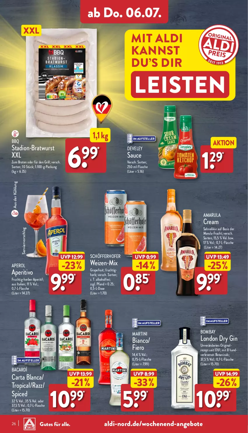 Aktueller Prospekt Aldi Nord - ALDI Vorschau - von 03.07 bis 08.07.2023 - strona 26 - produkty: aldi, alkohol, amarula, angebot, angebote, aperitif, aperol, braten, bratwurst, develey, dry gin, eis, elle, flasche, frucht, gin, grapefruit, grill, likör, london dry, london dry gin, martini, rezept, sahne, sauce, schöfferhofer, teller, Ti, wurst