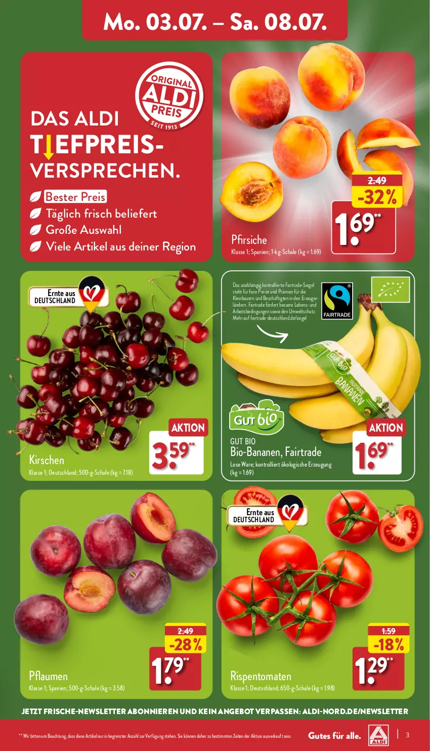 Aktueller Prospekt Aldi Nord - ALDI Vorschau - von 03.07 bis 08.07.2023 - strona 3 - produkty: aldi, angebot, auer, banane, bananen, Bau, Bauer, bio, bio-bananen, eis, kirsch, kirsche, kirschen, pfirsich, pfirsiche, pflaume, pflaumen, reis, Schal, Schale, Ti, tomate, tomaten, trolli, ZTE