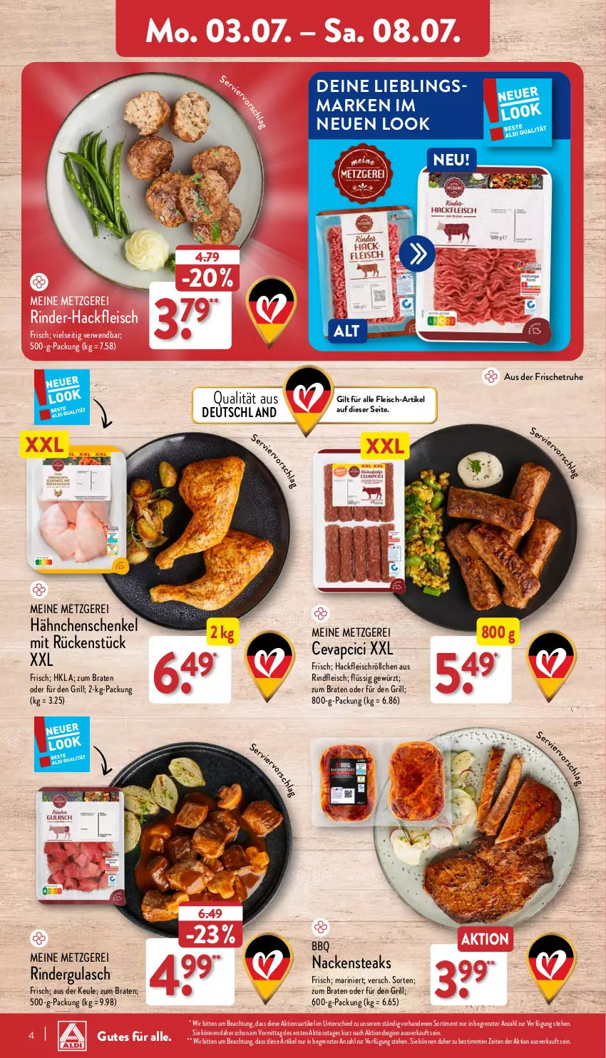 Aktueller Prospekt Aldi Nord - ALDI Vorschau - von 03.07 bis 08.07.2023 - strona 4 - produkty: braten, cevapcici, eis, fleisch, gewürz, gin, grill, gulasch, hackfleisch, hähnchenschenkel, henkel, Nackensteak, nackensteaks, rind, rinder, rinder-hackfleisch, rindergulasch, rindfleisch, rwe, schenkel, steak, steaks, Ti, ZTE