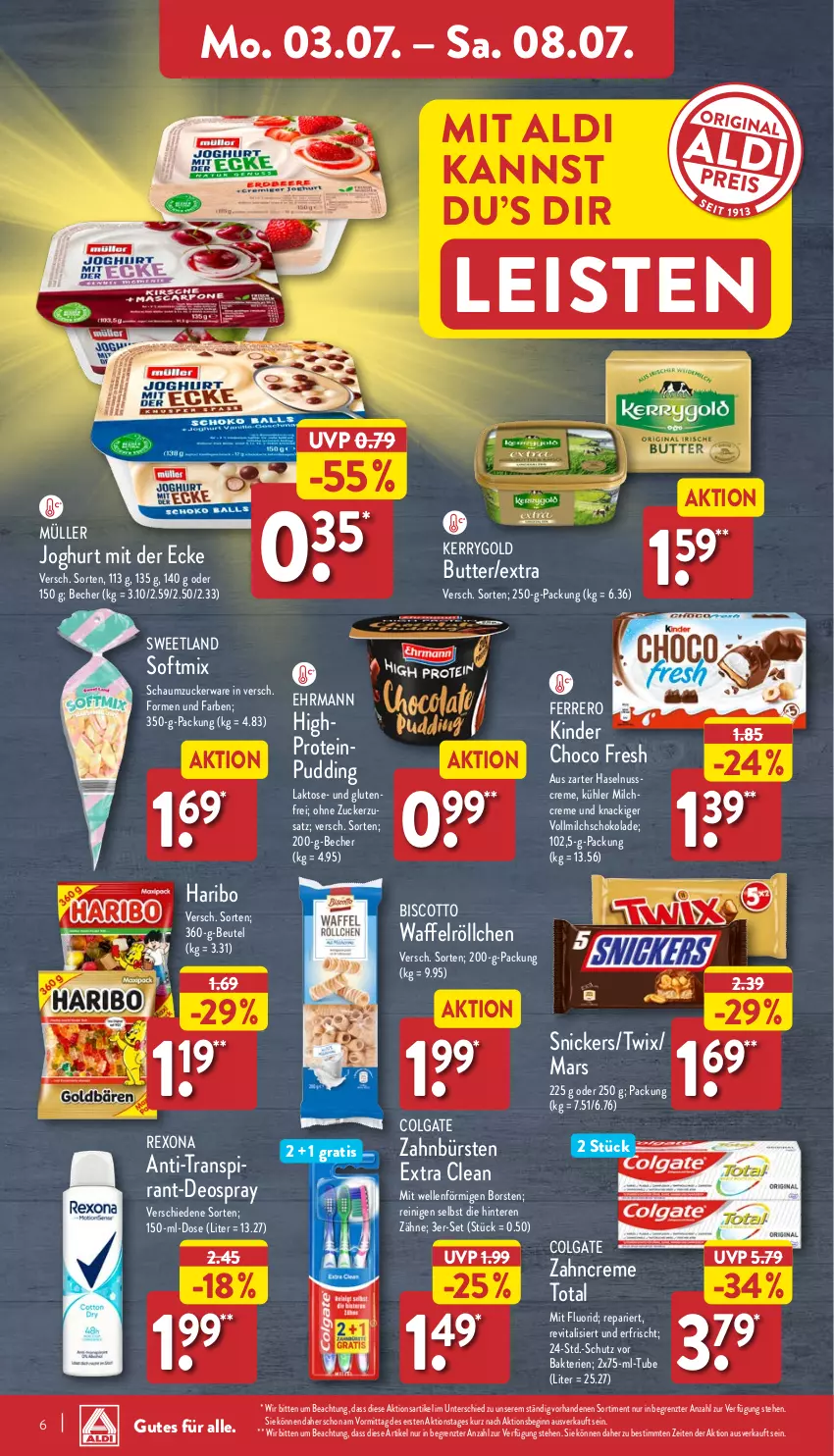 Aktueller Prospekt Aldi Nord - ALDI Vorschau - von 03.07 bis 08.07.2023 - strona 6 - produkty: aldi, Becher, beutel, biscotto, bürste, bürsten, butter, choco fresh, colgate, creme, deo, deospray, ehrmann, eis, elle, ferrero, gin, haribo, haselnuss, Haselnusscreme, HP, joghur, joghurt, joghurt mit der ecke, kerrygold, Kinder, Kinder Choco fresh, LG, mars, milch, Müller, nuss, pudding, Revital, rexona, Schaumzucker, schoko, schokolade, snickers, Sweetland, Ti, twix, vita, vitalis, vollmilch, Waffelröllchen, zahnbürste, zahnbürsten, zahncreme, ZTE, zucker