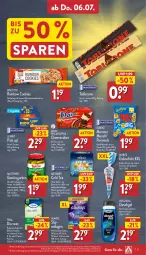 Gazetka promocyjna Aldi Nord - ALDI Vorschau - Gazetka - ważna od 08.07 do 08.07.2023 - strona 27 - produkty: Alwa, Always, Bau, beutel, biscotto, cheesecake, cookie, cookies, daim, Discreet, duschdas, duschgel, eis, eiskonfekt, elle, flasche, gewürz, Gewürzgurke, gewürzgurken, gin, gurke, gurken, kartoffel, leibniz, linsen, lorenz, milch, monster, nuss, philadelphia, Pick Up!, Pommels, schoko, schokolade, schokoladen, senf, slip, slipeinlagen, snack, teller, Ti, toblerone, wasser, ZTE, zucker