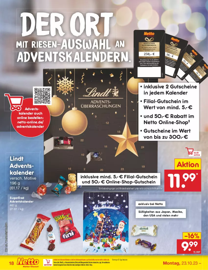 Aktueller Prospekt Netto Marken-Discount - Filial-Angebote - von 23.10 bis 28.10.2023 - strona 18 - produkty: Adventskalender, bestpreis, eis, elle, gutschein, gutscheine, lindt, ndk, reis, Ti