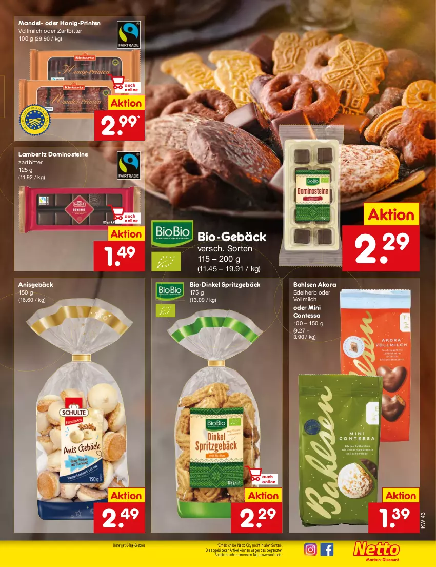 Aktueller Prospekt Netto Marken-Discount - Filial-Angebote - von 23.10 bis 28.10.2023 - strona 21 - produkty: Amber, angebot, bahlsen, bestpreis, bio, Dominosteine, eis, honig, lambertz, mandel, milch, reis, Spritzgebäck, Ti, vollmilch, ZTE