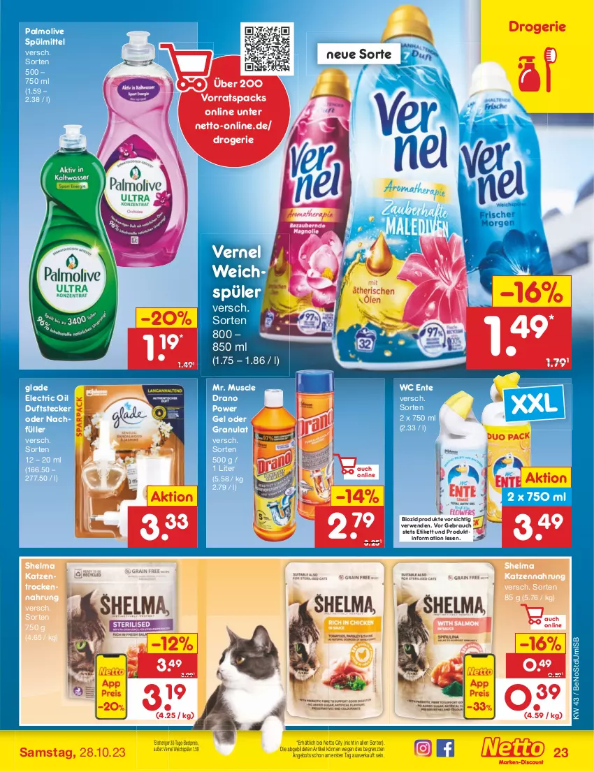 Aktueller Prospekt Netto Marken-Discount - Filial-Angebote - von 23.10 bis 28.10.2023 - strona 25 - produkty: angebot, bestpreis, bio, biozidprodukte, eis, ente, Glade, katzennahrung, olive, palmolive, Rauch, reis, rwe, spülmittel, Ti, Trockennahrung, vernel, wc ente, weichspüler, ZTE