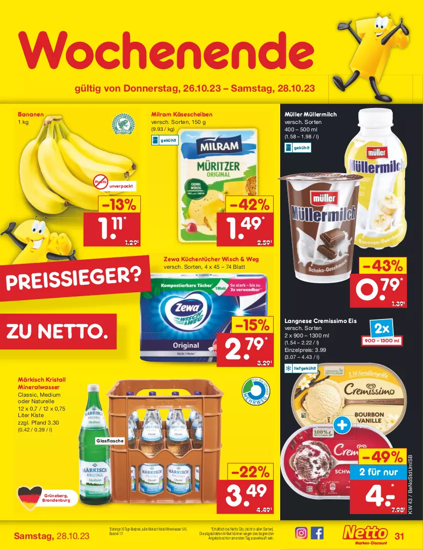 Aktueller Prospekt Netto Marken-Discount - Filial-Angebote - von 23.10 bis 28.10.2023 - strona 33 - produkty: Alwa, angebot, asti, banane, bananen, bestpreis, cremissimo, eis, elle, flasche, glasflasche, Käse, käsescheiben, küche, Küchen, küchentücher, langnese, langnese cremissimo, milch, milram, mineralwasser, Mineralwasser Classic, Müller, müllermilch, natur, reis, reiss, rel, sim, Ti, tücher, wasser, zewa, ZTE