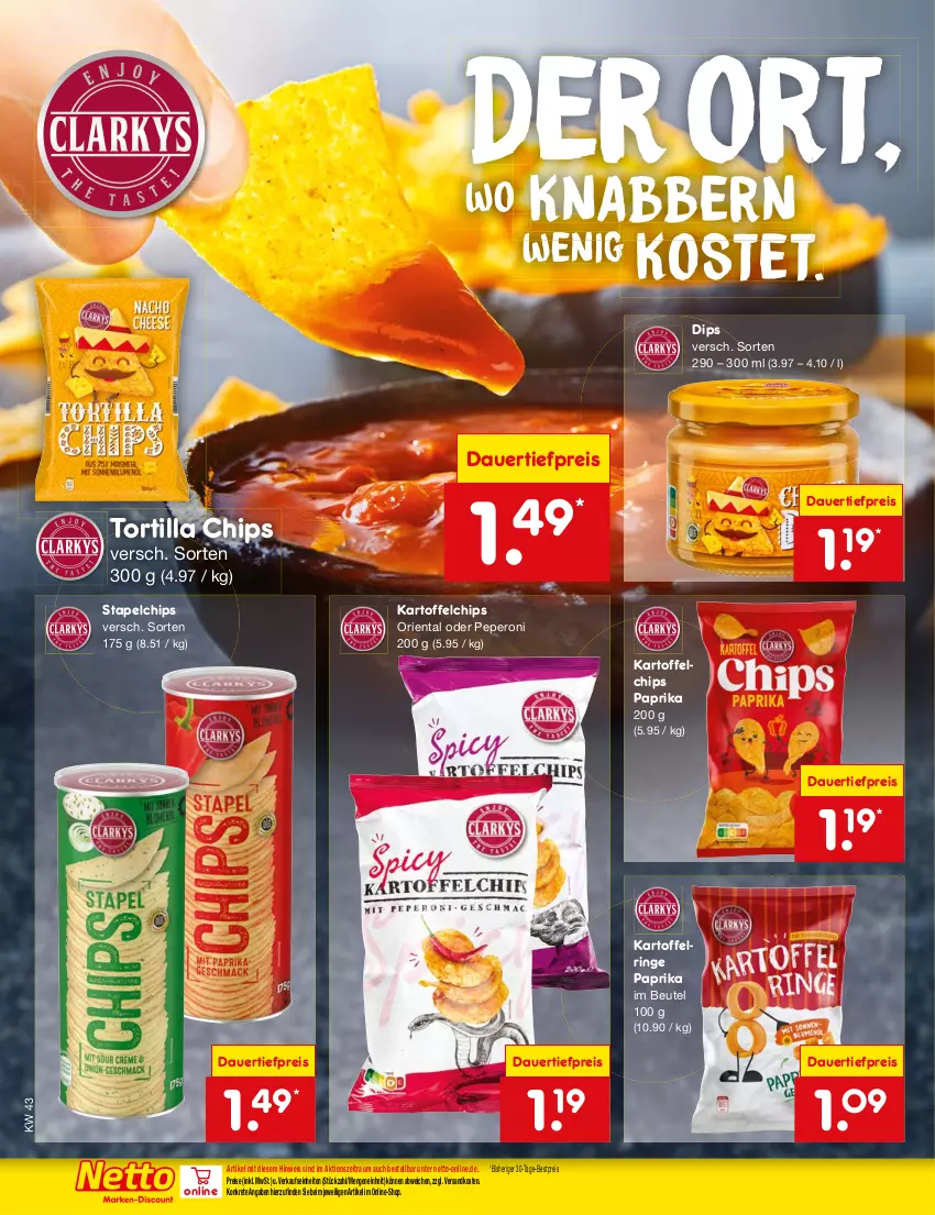 Aktueller Prospekt Netto Marken-Discount - Filial-Angebote - von 23.10 bis 28.10.2023 - strona 38 - produkty: auer, bestpreis, beutel, chips, dauertiefpreis, dip, eis, kartoffel, kartoffelchips, ndk, paprika, peperoni, Peroni, reis, ring, Ti, tiefpreis, tortilla, Tortilla Chips