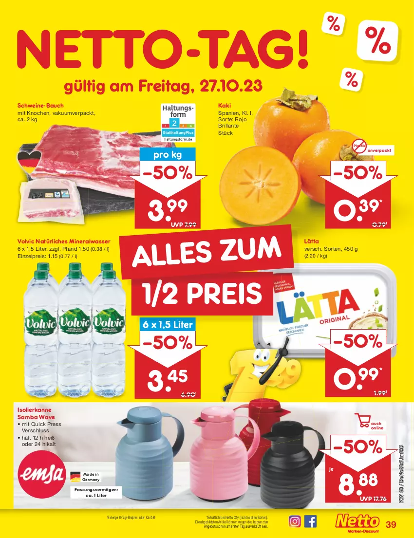 Aktueller Prospekt Netto Marken-Discount - Filial-Angebote - von 23.10 bis 28.10.2023 - strona 43 - produkty: Alwa, angebot, asti, Bau, bestpreis, eis, Germ, isolierkanne, Kaki, lätta, mineralwasser, natürliches mineralwasser, reis, schwein, schweine, schweine-bauch, Ti, volvic, volvic natürliches, wasser, wein, weine, ZTE