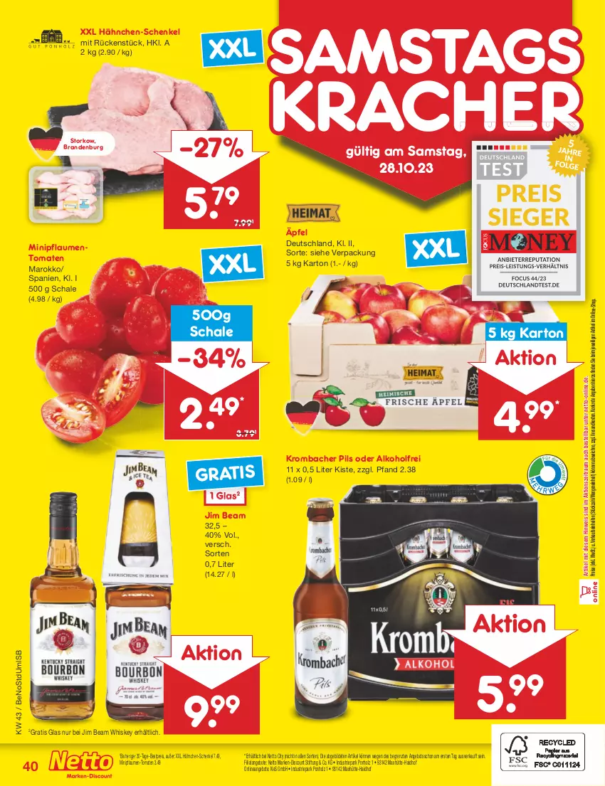 Aktueller Prospekt Netto Marken-Discount - Filial-Angebote - von 23.10 bis 28.10.2023 - strona 44 - produkty: alkohol, angebot, angebote, bestpreis, discount, eis, hähnchen-schenkel, henkel, Holz, jim beam, kracher, krombache, krombacher, krombacher pils, marken-discount, ndk, pflaume, pflaumen, Pflaumen-Tomaten, pils, reis, Schal, Schale, schenkel, Ti, tomate, tomaten, whiskey, ZTE