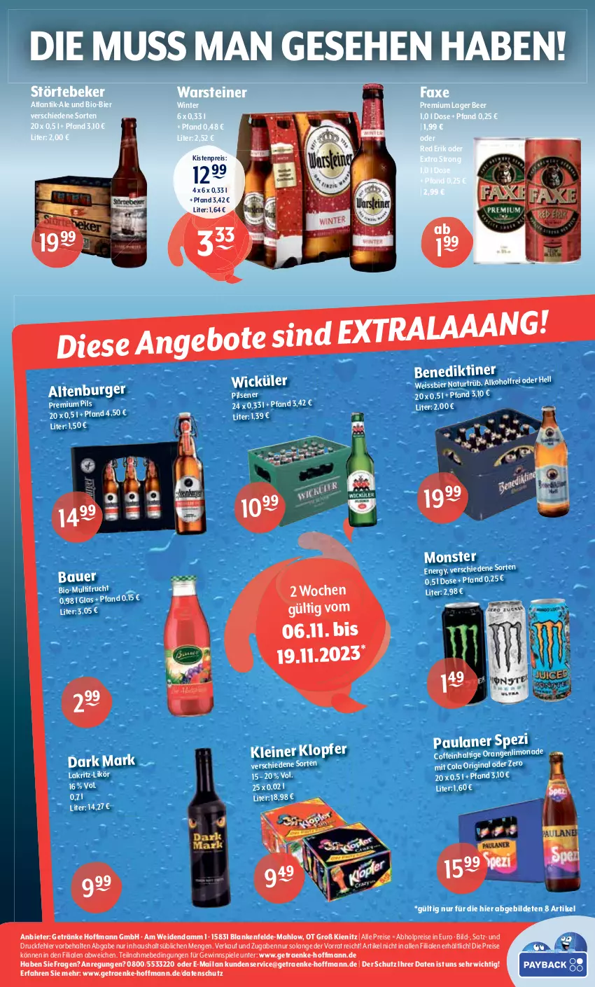 Aktueller Prospekt Getraenke Hoffmann - Prospekte - von 06.11 bis 11.11.2023 - strona 8 - produkty: abholpreise, alkohol, altenburger, auer, axe, Bau, Bauer, bier, bio, burger, coffein, cola, eis, getränk, getränke, gewinnspiel, gin, Lakritz, leine, limo, limonade, orange, orangen, Paula, pils, pilsener, premium pils, reis, Spezi, Spiele, steiner, störtebeker, Ti, warsteiner, weissbier, WICK