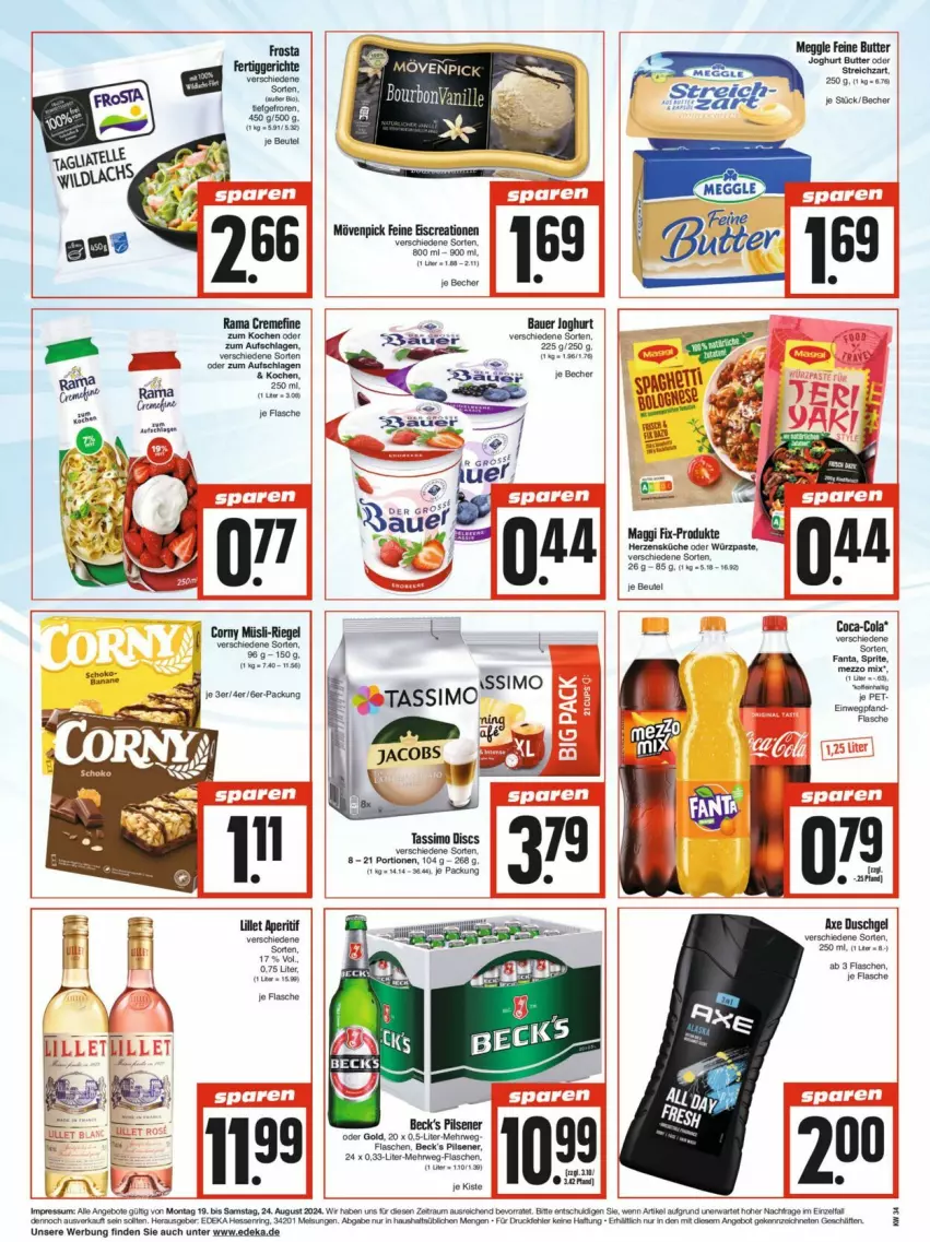 Aktueller Prospekt Edeka - Prospekte - von 17.08 bis 24.08.2024 - strona 2 - produkty: angebot, angebote, aperitif, auer, Bad, Bau, Bauer, Becher, becks, bourbon, bourbonvanille, butter, corny, creme, duschgel, eis, flasche, joghur, joghurt, meggle, mövenpick, rama, rama cremefine, riegel, sim, Tasche, taschen, tassimo, Ti, vanille