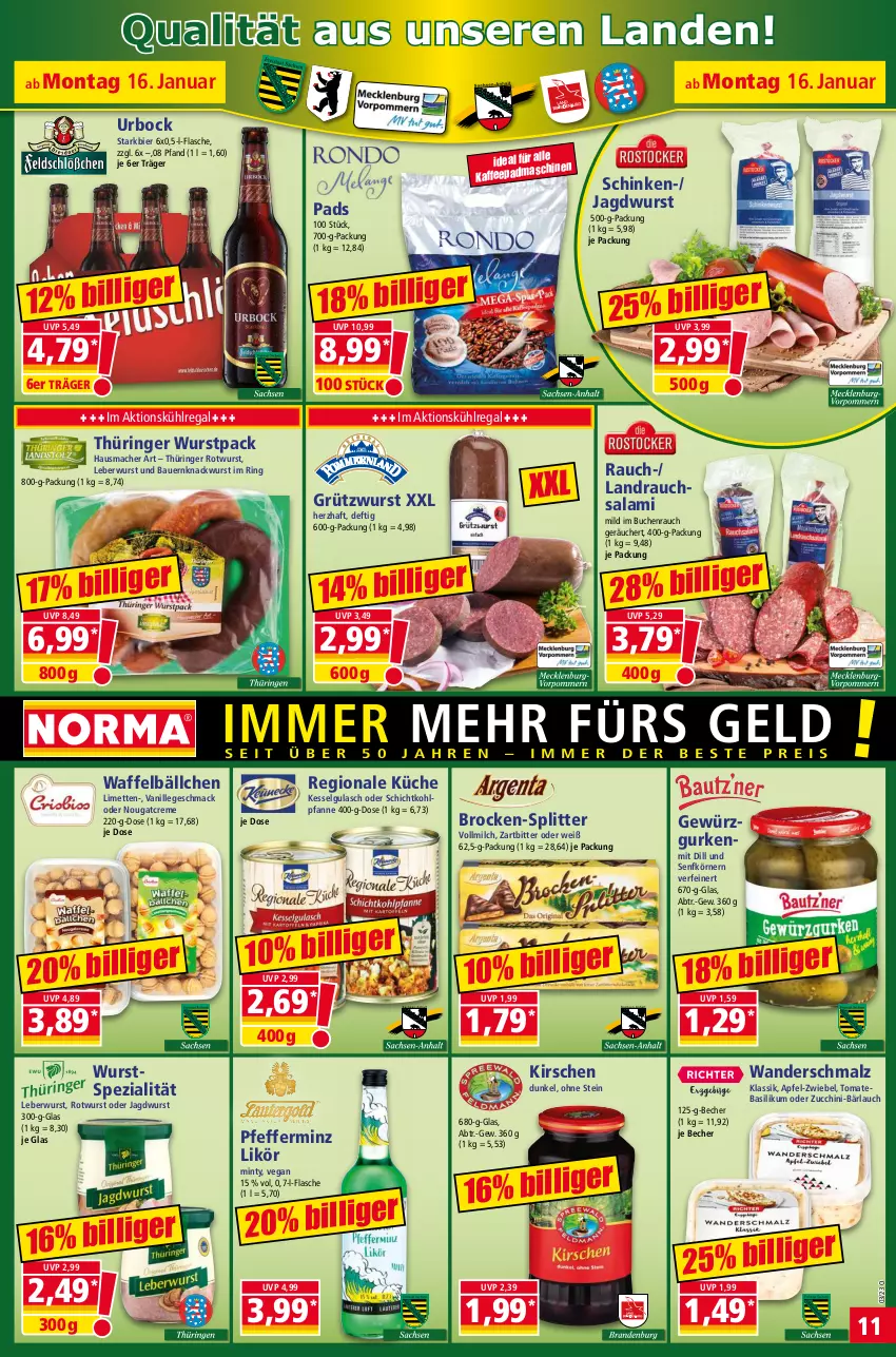 Aktueller Prospekt Norma - Norma - von 16.01 bis 23.01.2023 - strona 11 - produkty: apfel, auer, basilikum, Bau, Bauer, Becher, bier, Brock, buch, creme, flasche, gewürz, Gewürzgurke, gewürzgurken, gulasch, gurke, gurken, Hausmacher, jagdwurst, kaffee, kirsch, kirsche, kirschen, küche, kühlregal, leberwurst, LG, likör, limette, limetten, mac, malz, Mett, metten, milch, mint, Nougatcreme, pfanne, pfeffer, Rauch, regal, ring, Rotwurst, salami, schinken, Schmalz, senf, Spezi, Ti, tomate, vanille, vollmilch, wurst, zucchini, zwiebel