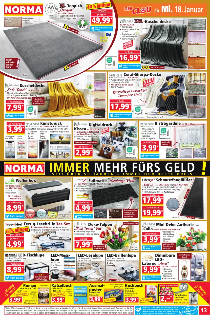 Aktueller Prospekt Norma - Norma - von 16.01 bis 23.01.2023 - strona 13 - produkty: batterie, batterien, Bebe, Blüte, braun, Brille, buch, bügel, Coral, decke, Deckel, dell, eis, elle, Engel, flieder, Fußmatte, gin, Gläser, kaffee, kissen, kuscheldecke, lamm, laterne, Läufer, leine, Mode, natur, ndk, reis, Ria, Schere, senf, Spiele, teppich, Ti, Tiere, tisch, topf, vita, wasser, weber, ZTE