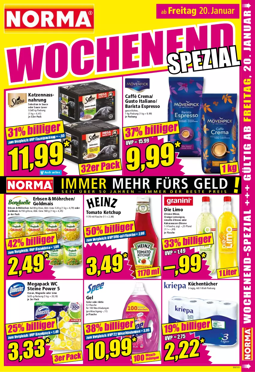 Aktueller Prospekt Norma - Norma - von 16.01 bis 23.01.2023 - strona 15 - produkty: bohne, caffè crema, erbsen, espresso, flasche, Goldmais, ketchup, kokos, Kokoswasser, küche, Küchen, küchentücher, limette, limo, mais, Mett, minze, Nassnahrung, orange, sauce, Ti, tomato ketchup, tücher, wasser, zitrone