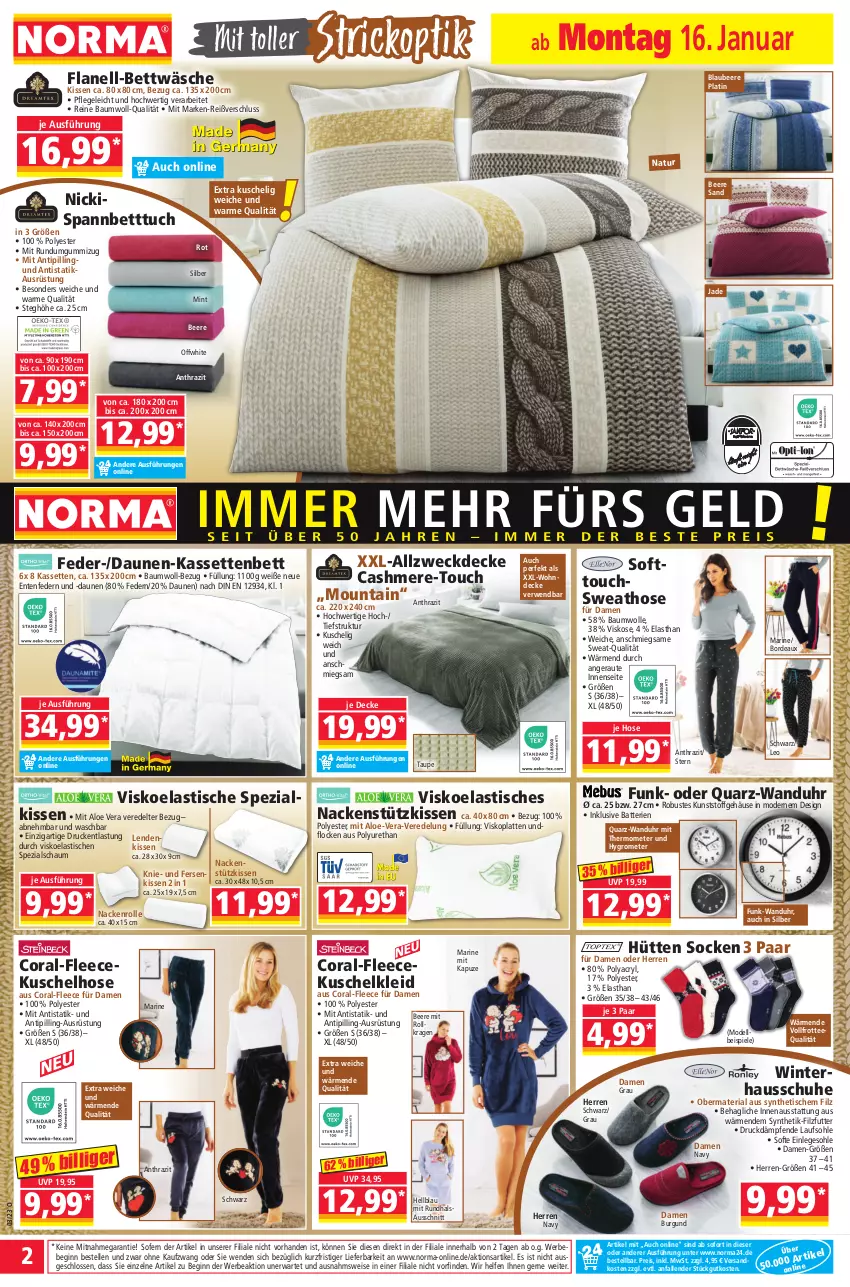 Aktueller Prospekt Norma - Norma - von 16.01 bis 23.01.2023 - strona 2 - produkty: aloe vera, asti, batterie, batterien, Bau, baumwolle, Bebe, beere, bett, Betttuch, bettwäsche, Blaubeer, blaubeere, cashmere, Coral, decke, dell, eis, elle, ente, gin, Grom, Hausschuhe, hose, Hygrometer, kissen, kleid, Kuschelkleid, latte, mint, mit thermometer, Mode, nackenstützkissen, natur, ndk, reis, Ria, rwe, schuhe, socken, spannbetttuch, Spezi, Spiele, Sweathose, tee, thermometer, Ti, Tipi, tisch, tuc, uhr, wanduhr, weck, wolle