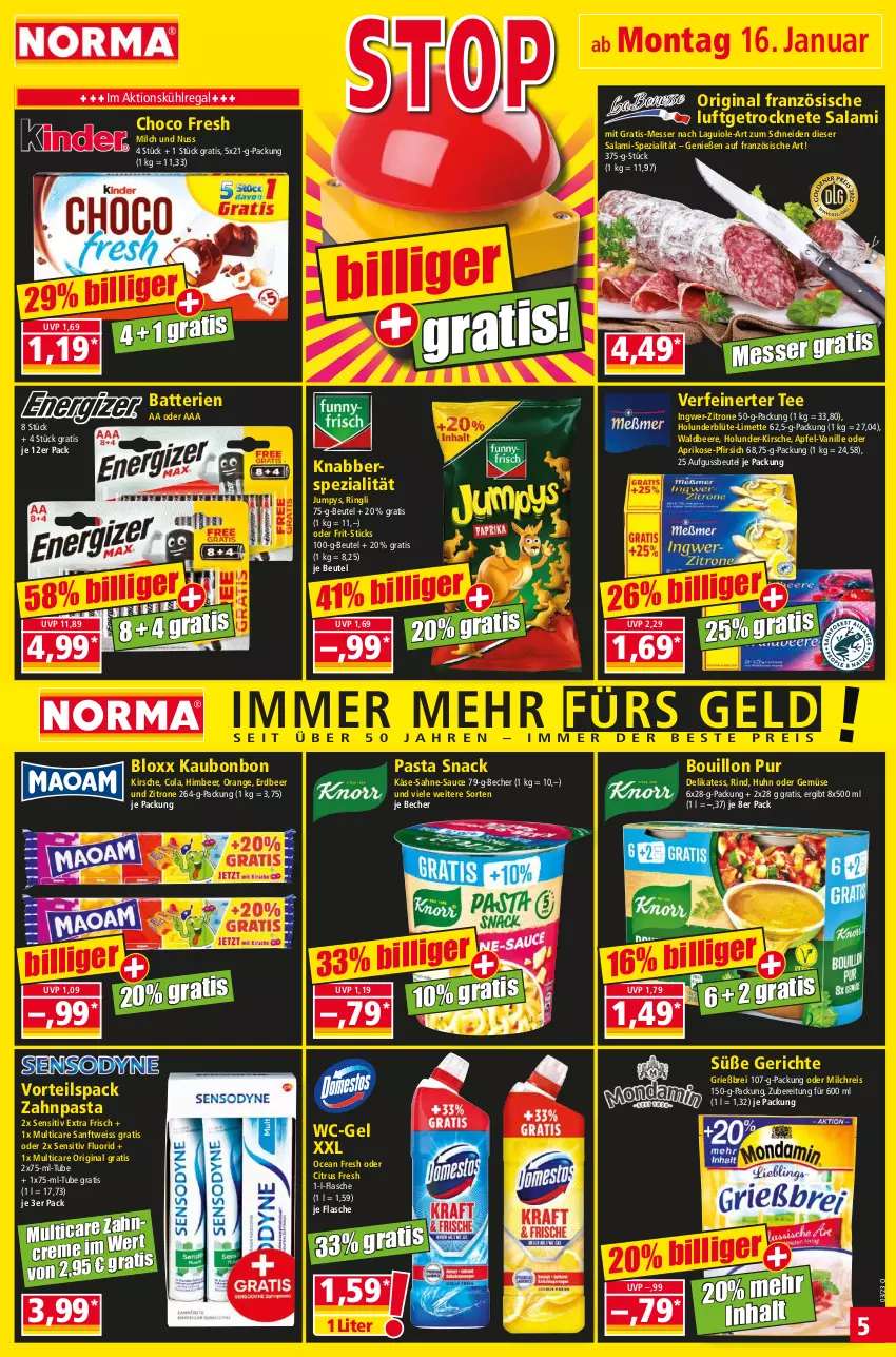 Aktueller Prospekt Norma - Norma - von 16.01 bis 23.01.2023 - strona 5 - produkty: apfel, aprikose, batterie, batterien, Becher, beere, beutel, Blüte, Brei, choco fresh, citrus, cola, creme, eis, flasche, Frit-Sticks, gin, himbeer, holunder, holunderblüte, ingwer, Käse, kirsch, kirsche, kühlregal, limette, Luftgetrocknete Salami, messer, Mett, milch, milchreis, nuss, orange, pasta, pasta snack, pfirsich, regal, reis, rind, ring, sahne, salami, sauce, snack, Spezi, tee, Ti, vanille, wc-gel, zahnpasta, zitrone