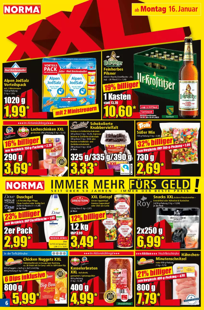 Aktueller Prospekt Norma - Norma - von 16.01 bis 23.01.2023 - strona 6 - produkty: auer, aufschnitt, bohne, bohnen, braten, chicken nuggets, chili, curry, deo, dip, duschgel, eintopf, eis, ente, erdnüsse, espresso, flasche, fleisch, Hähnchenfleisch, kasseler, Kasselerbraten, kühlregal, lachs, lachsschinken, linsen, milch, minutenschnitzel, natur, nuggets, pils, pilsner, regal, reifen, rind, salz, schinken, schnitzel, schoko, schokolade, snack, snacks, spitzenqualität, suppe, suppen, Ti, topf, vollmilch, Zartbitterschokolade