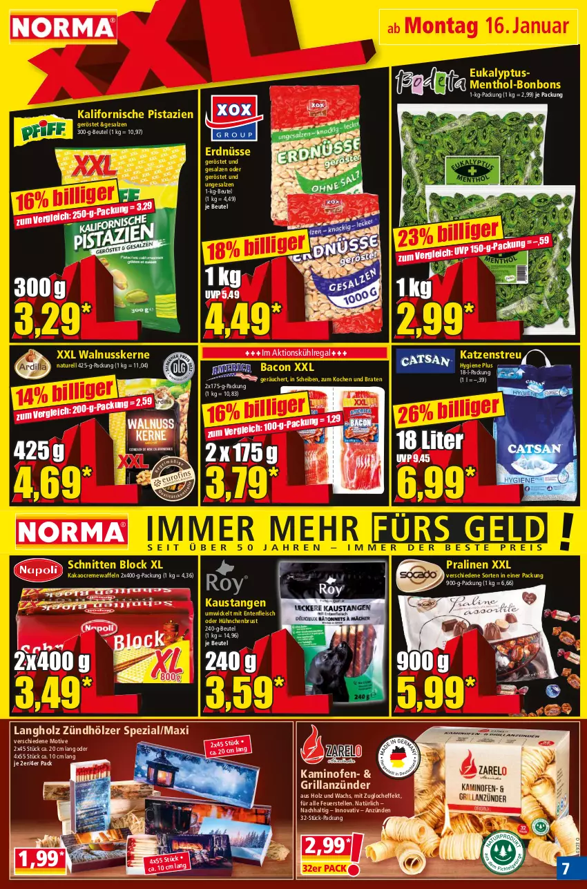 Aktueller Prospekt Norma - Norma - von 16.01 bis 23.01.2023 - strona 7 - produkty: anzünder, aust, bacon, beutel, bonbons, braten, creme, Cremewaffeln, eis, elle, ente, erdnüsse, fleisch, grill, grillanzünder, Holz, kakao, Kamin, Kaminofen, Katzenstreu, kühlregal, natur, nuss, Ofen, pistazien, pralinen, regal, rel, salz, schnitten, Spezi, Ti, waffeln, walnuss, walnusskerne, WICK