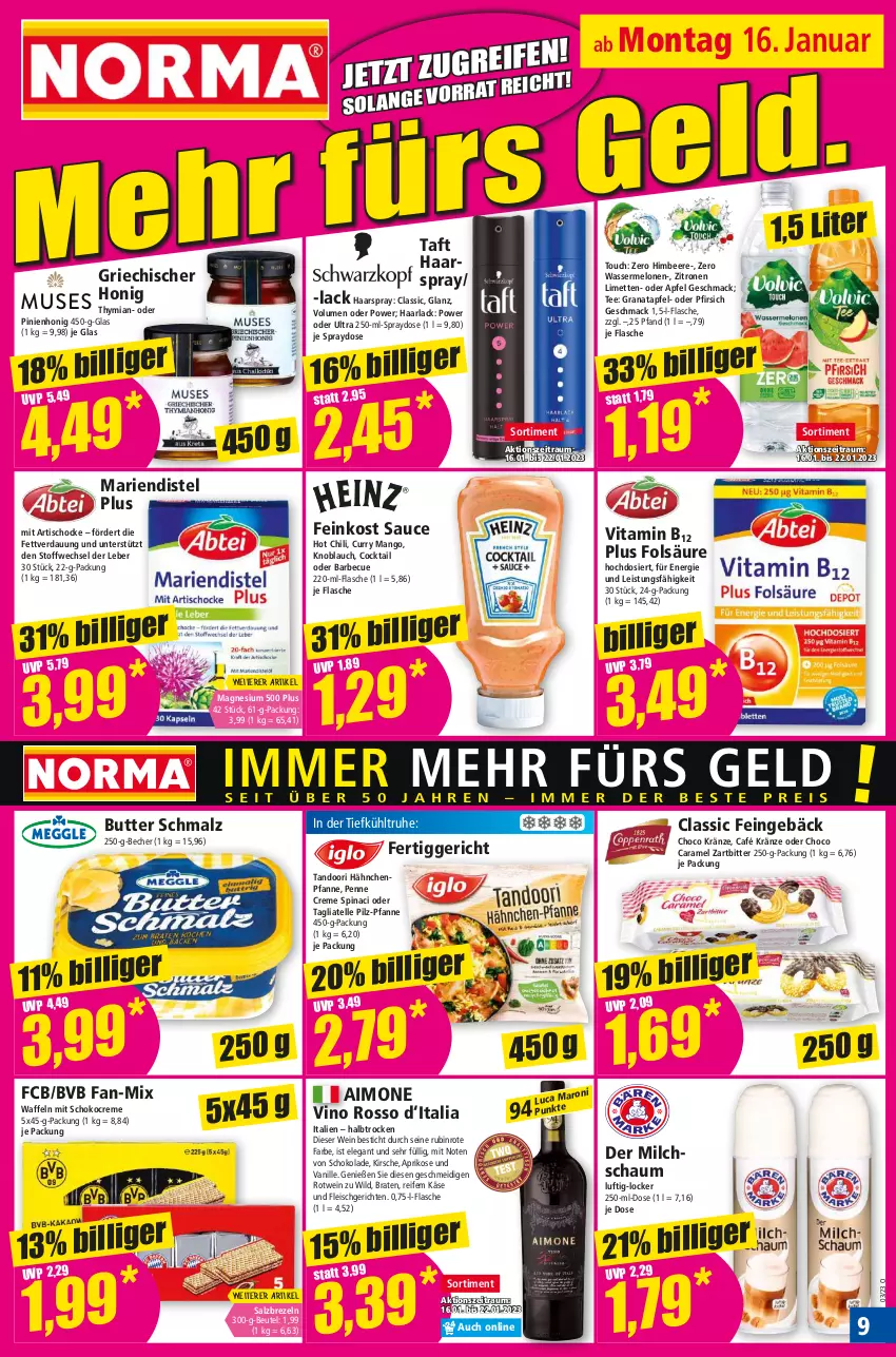 Aktueller Prospekt Norma - Norma - von 16.01 bis 23.01.2023 - strona 9 - produkty: apfel, aprikose, arla, barbecue, Becher, beere, beutel, braten, brezel, Brezeln, butter, caramel, chili, cocktail, creme, curry, eis, elle, feinkost, fertiggericht, flasche, fleisch, grana, granatapfel, Haarlack, haarspray, himbeer, himbeere, honig, hot chili, Käse, kirsch, kirsche, knoblauch, lack, limette, limetten, mac, magnesium, malz, mango, melone, melonen, Mett, metten, milch, penne, pfanne, pfirsich, Rana, rotwein, Rubin, salz, sauce, Schmalz, schoko, schokolade, Taft, tagliatelle, tee, Ti, tisch, vanille, vita, Vitamin B, waffeln, wasser, wassermelone, wassermelonen, wein, Wild, zitrone, zitronen