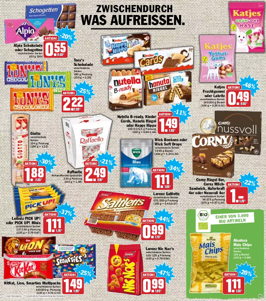 Aktueller Prospekt Hit - Prospekte - von 17.01 bis 22.01.2022 - strona 11 - produkty: alpia, beutel, bonbons, chips, corny, eis, elle, frucht, fruchtgummi, giotto, hafer, hanuta, hipp, katjes, Kinder, kitkat, kokos, kraft, Lakritz, leibniz, lion, lorenz, mais, mandel, milch, natur, natura, nuss, nutella, oder lakritz, Pick Up!, raffaello, reis, reiss, riegel, saltletts, sandwich, schogetten, schoko, schokolade, smarties, Spezi, teller, Ti, WICK